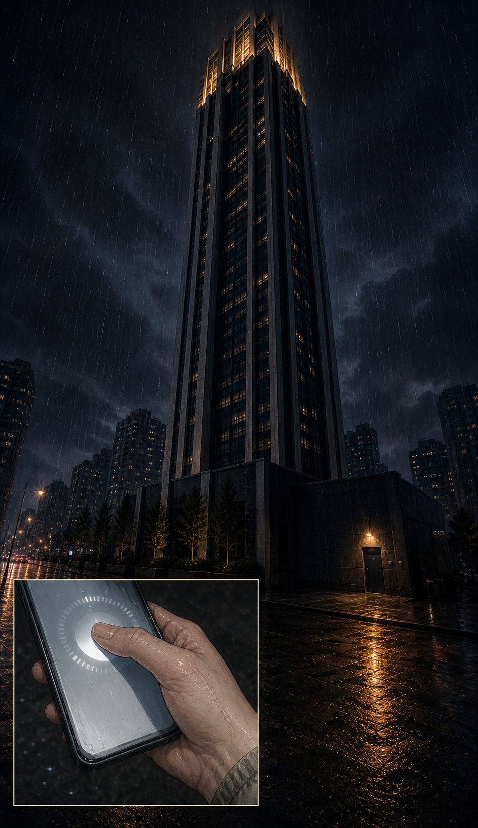 Moonlight Heights tower rising into a rainy Seoul night, top floors glowing warm, lower service level dark; corner inset of Seo-jin&rsquo;s wet thumb confirming a delivery order