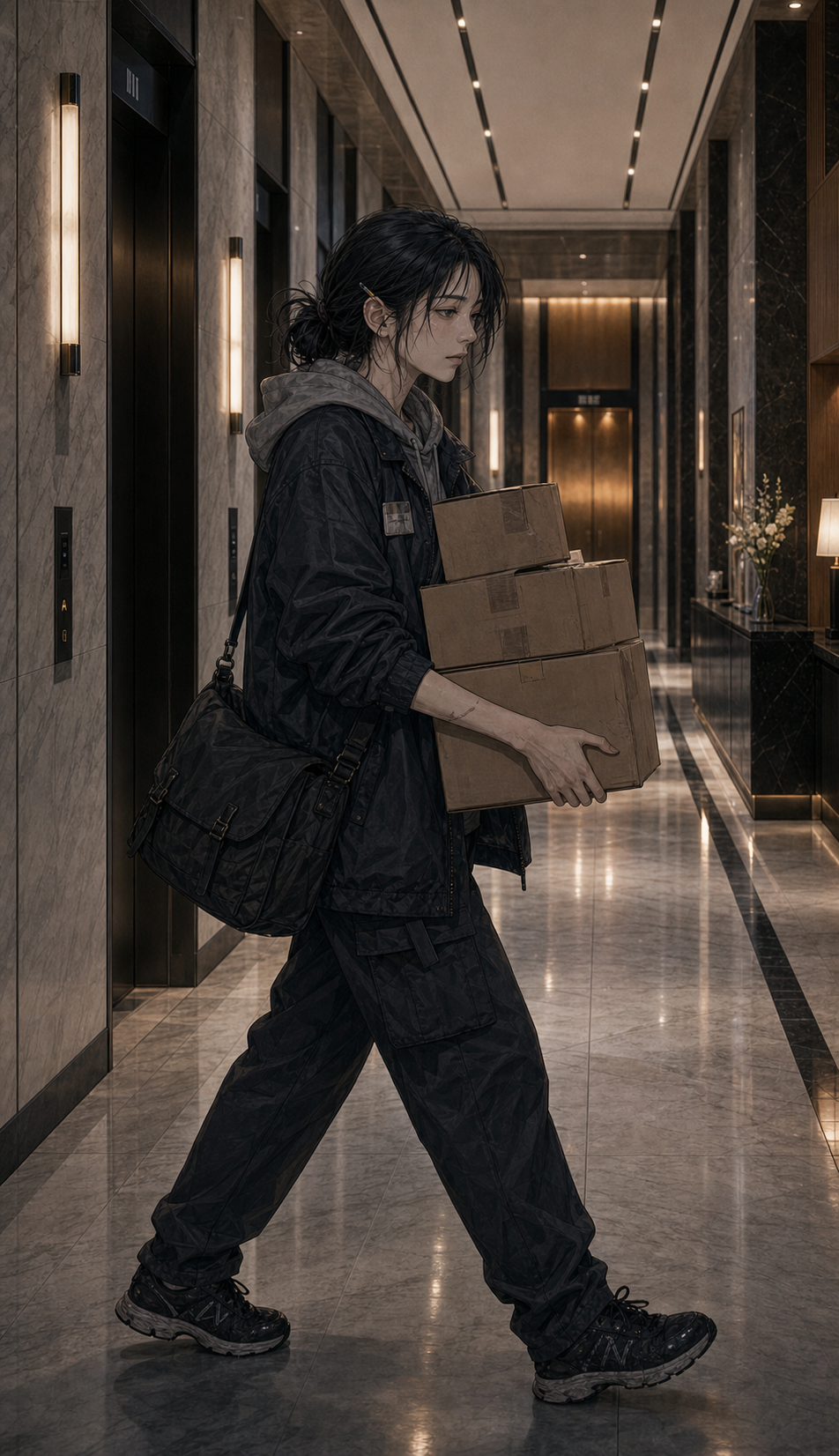 Seo-jin in mid-shot side-dolly composition walking screen-right through a luxury hallway wider than her rooftop room, stacked delivery boxes in her arms, polished marble floor, recessed cool lights with warm gold sconces in the distance