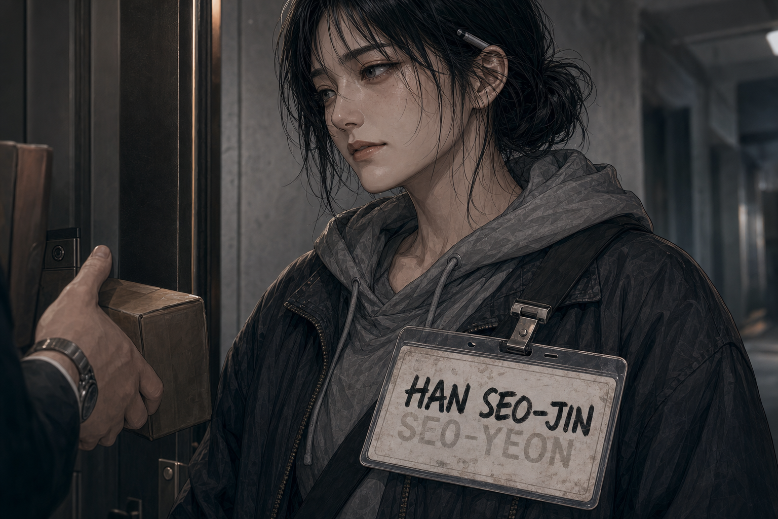 Close on Seo-jin, slight up-angle; a resident&rsquo;s hand at camera-left accepts a package without showing a face; Seo-jin smiles politely, eyes tired; the hand-corrected badge visible at her chest; the door edge closes camera-left and the polite smile drops instantly