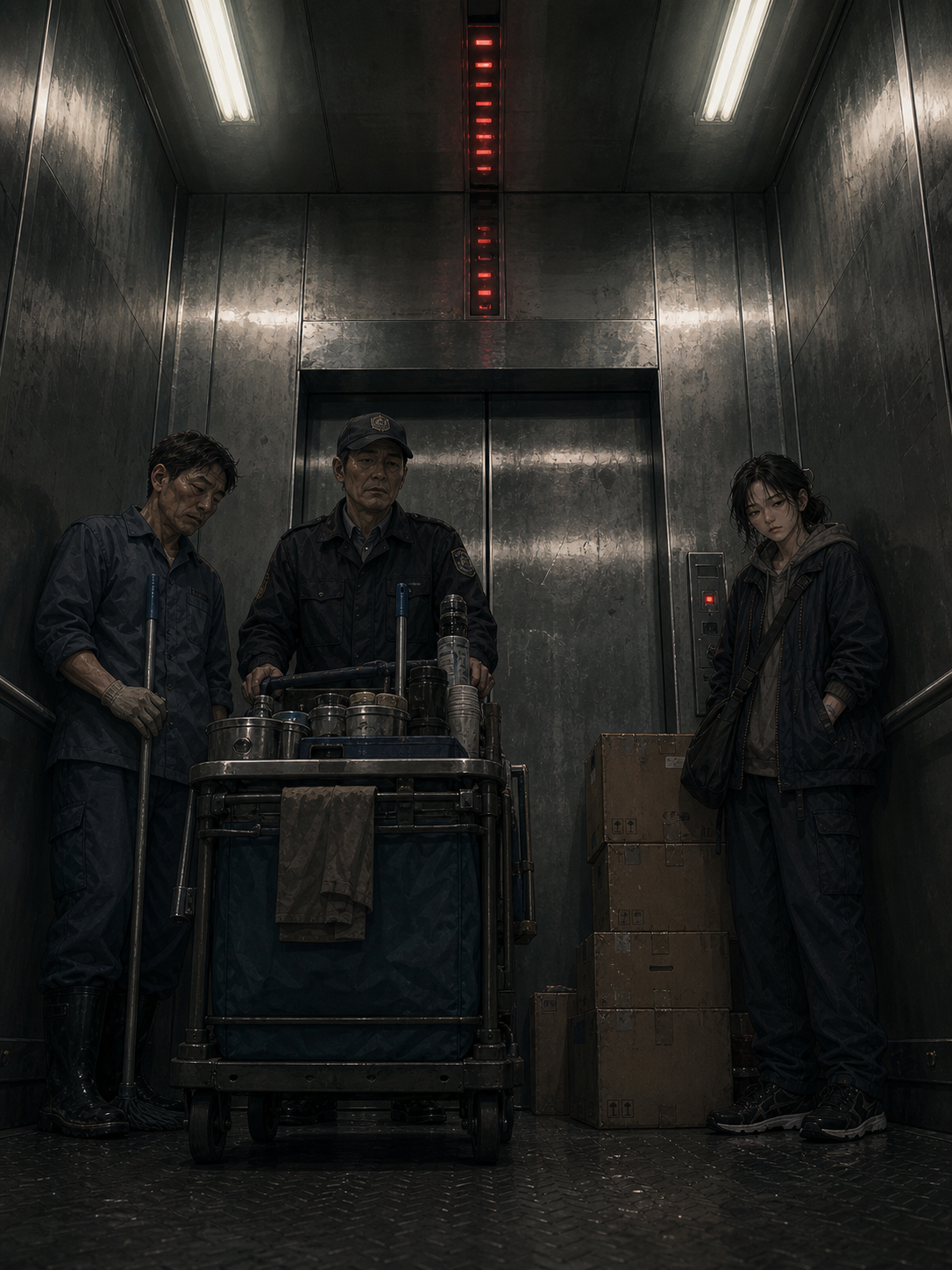 Wide low-angle interior of a service elevator; a cleaner, a guard, a food cart, and Seo-jin squeezed into the corner with boxes; the indicator panel above the doors shows numbers climbing B3 &middot; B2 &middot; B1 &middot; 1 &middot; 17 &middot; 36 &middot; 58; the workers do not speak