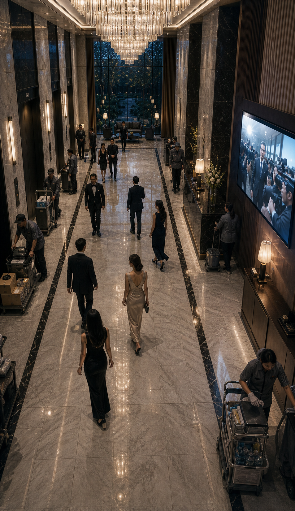 Wide high-angle shot of the main lobby; residents cross the marble floors while workers stay along the edges; a wall-mounted news monitor camera-right shows airport footage of Min-woo arriving, but no one in the lobby looks up