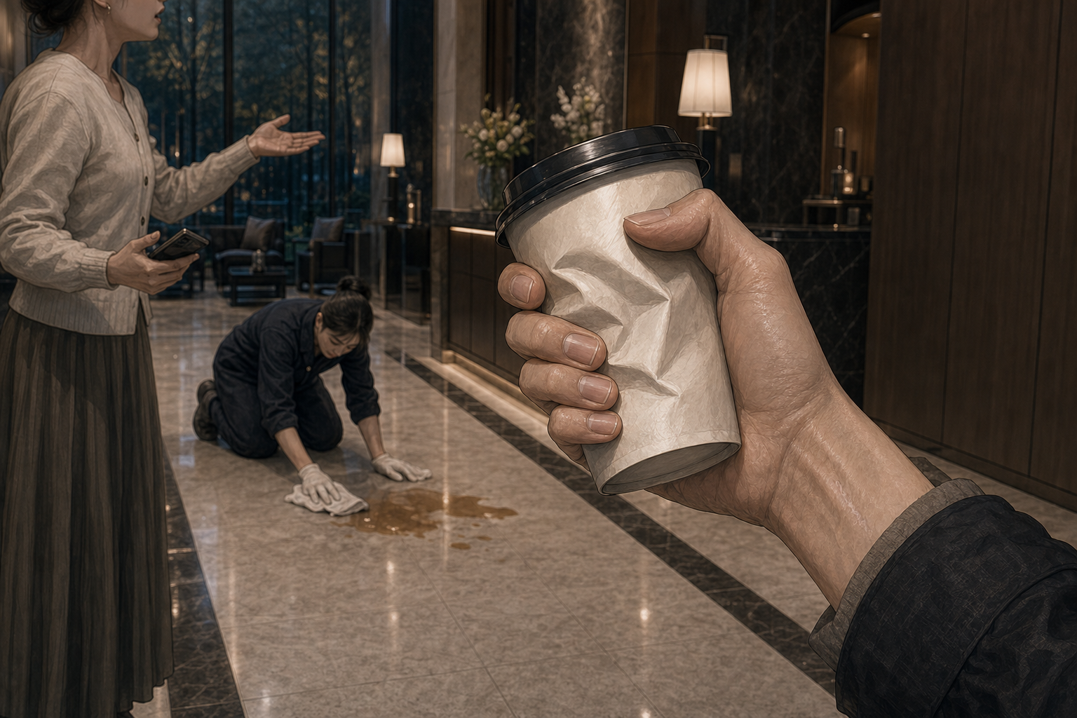 Resident at lobby counter gesturing with phone while a cleaner kneels with a rag over a coffee spill; foreground macro of Seo-jin&rsquo;s hand gripping a paper coffee cup until it dents, her wrist scar visible