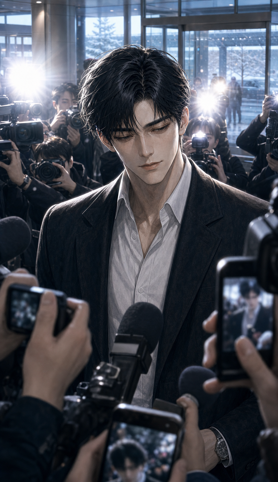 Airport flashbulbs exploding around Kang Min-woo; reporters call his name; he lowers his gaze behind a prepared smile