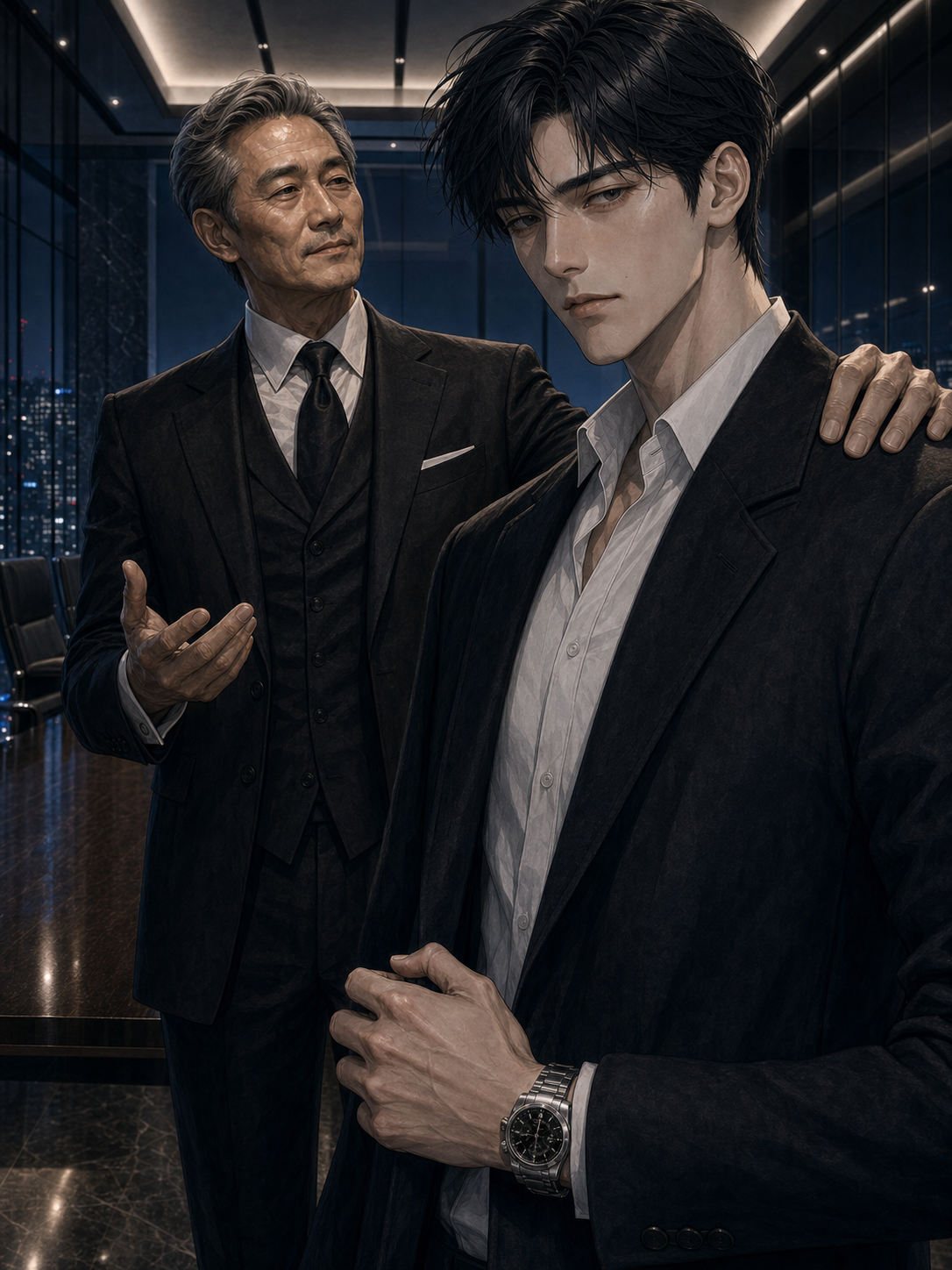 Chairman Kang&rsquo;s hand lands possessively on Min-woo&rsquo;s shoulder at the airport; Min-woo&rsquo;s own hand tightens beside his coat, the silver wristwatch catching boardroom downlight