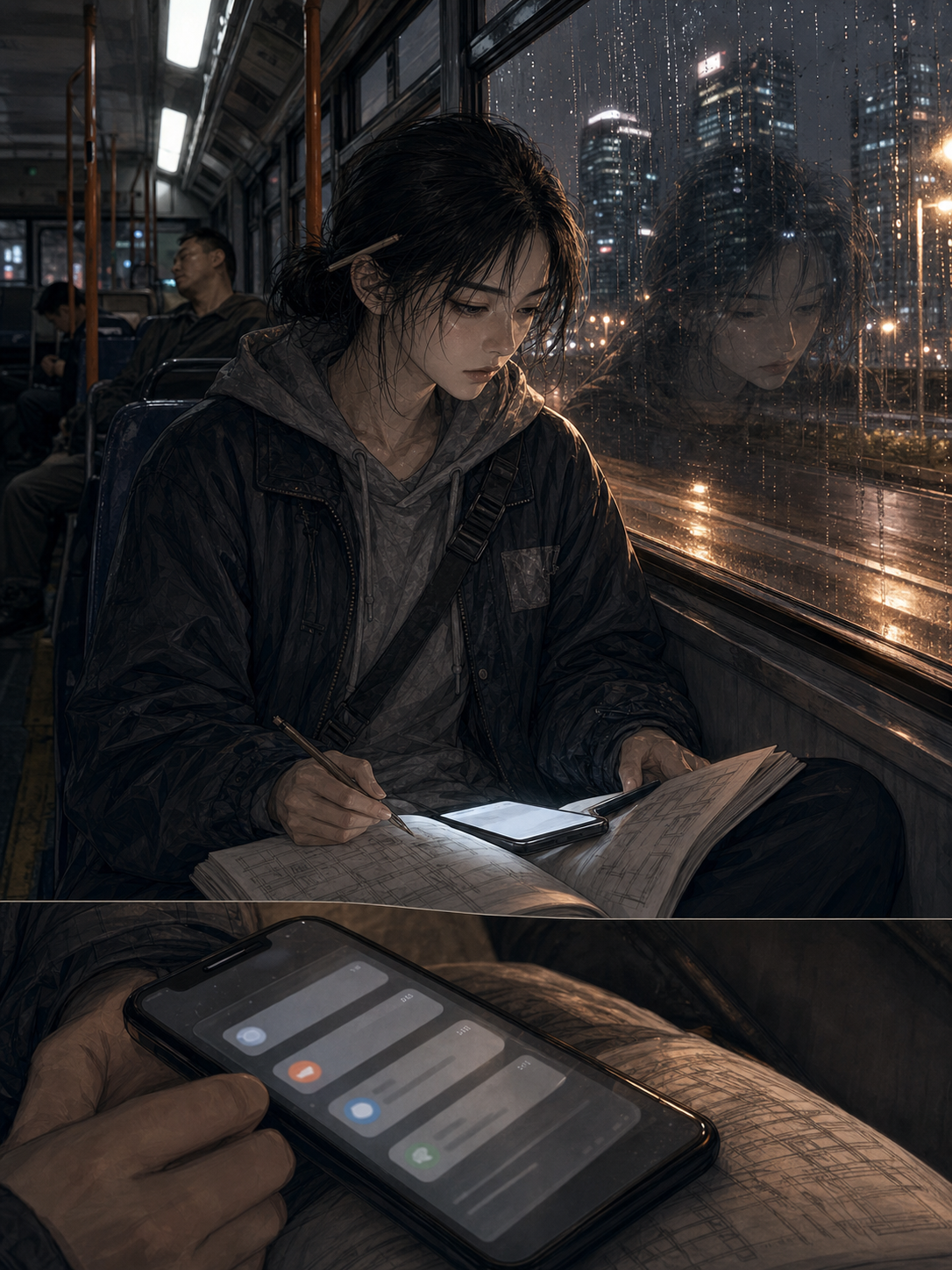 Seo-jin on the last bus, architecture textbook on her knees, rain on the windows; her phone stacks notifications in her lap; her face in profile reflected against luxury towers outside, doubled by the city