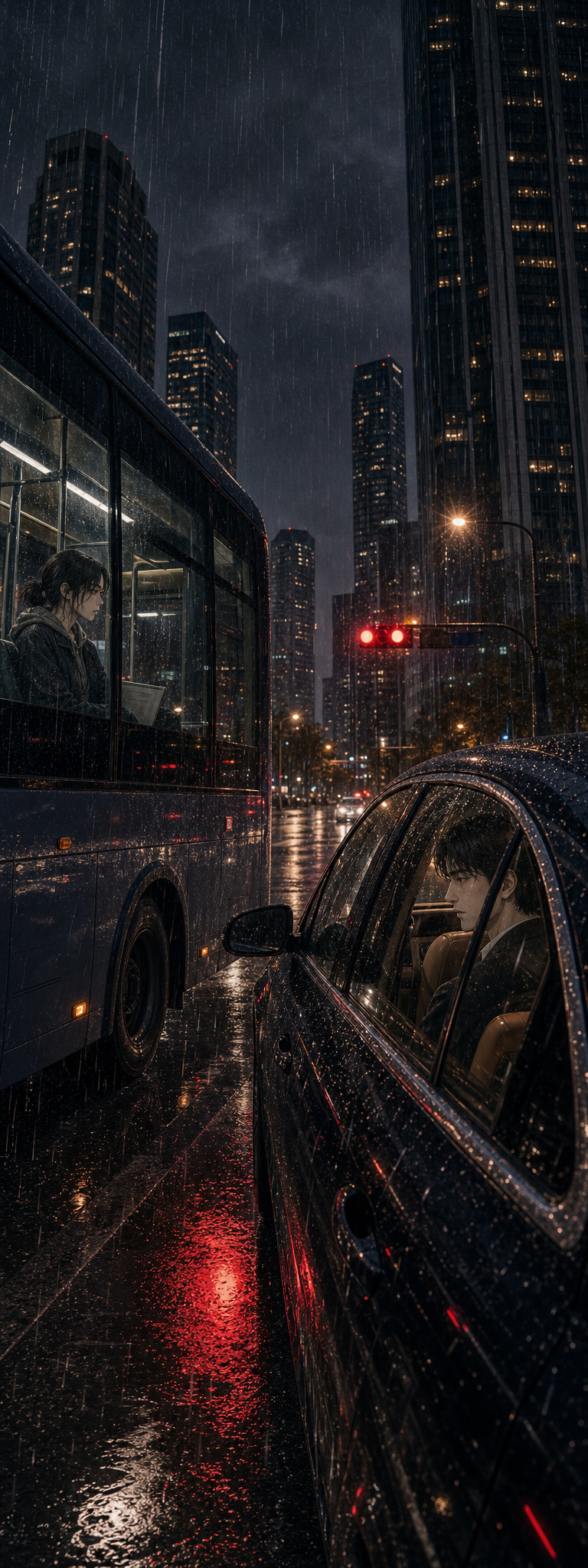 Wide three-quarter view of a rain-slick Seoul intersection; camera-left Seo-jin&rsquo;s city bus at a red light; camera-right Min-woo&rsquo;s black sedan in the adjacent lane; the same skyline reflected across both; rain in the foreground; a red traffic light reflected in the puddle; neither knows the other is there