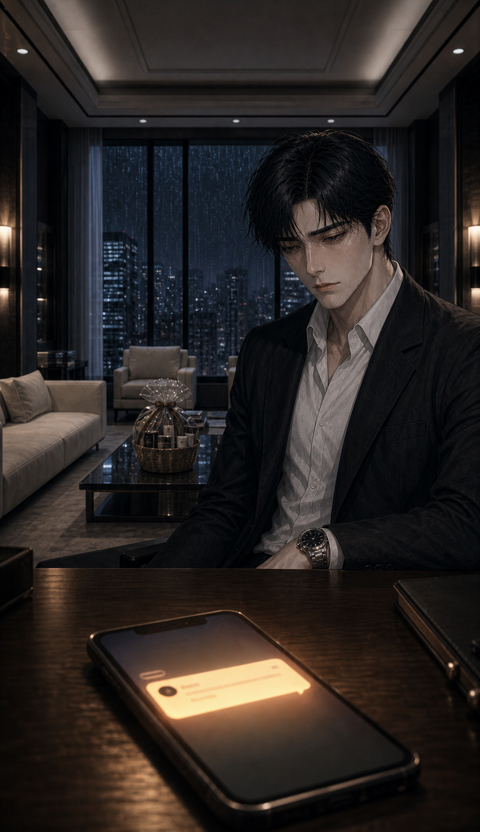 Min-woo at the desk of his pristine unused penthouse suite; an unopened welcome basket on the glass table behind him; rainy Seoul beyond floor-to-ceiling windows; foreground macro of a small hidden phone just powered on, lock screen lighting up with an old message from Tae-hyun