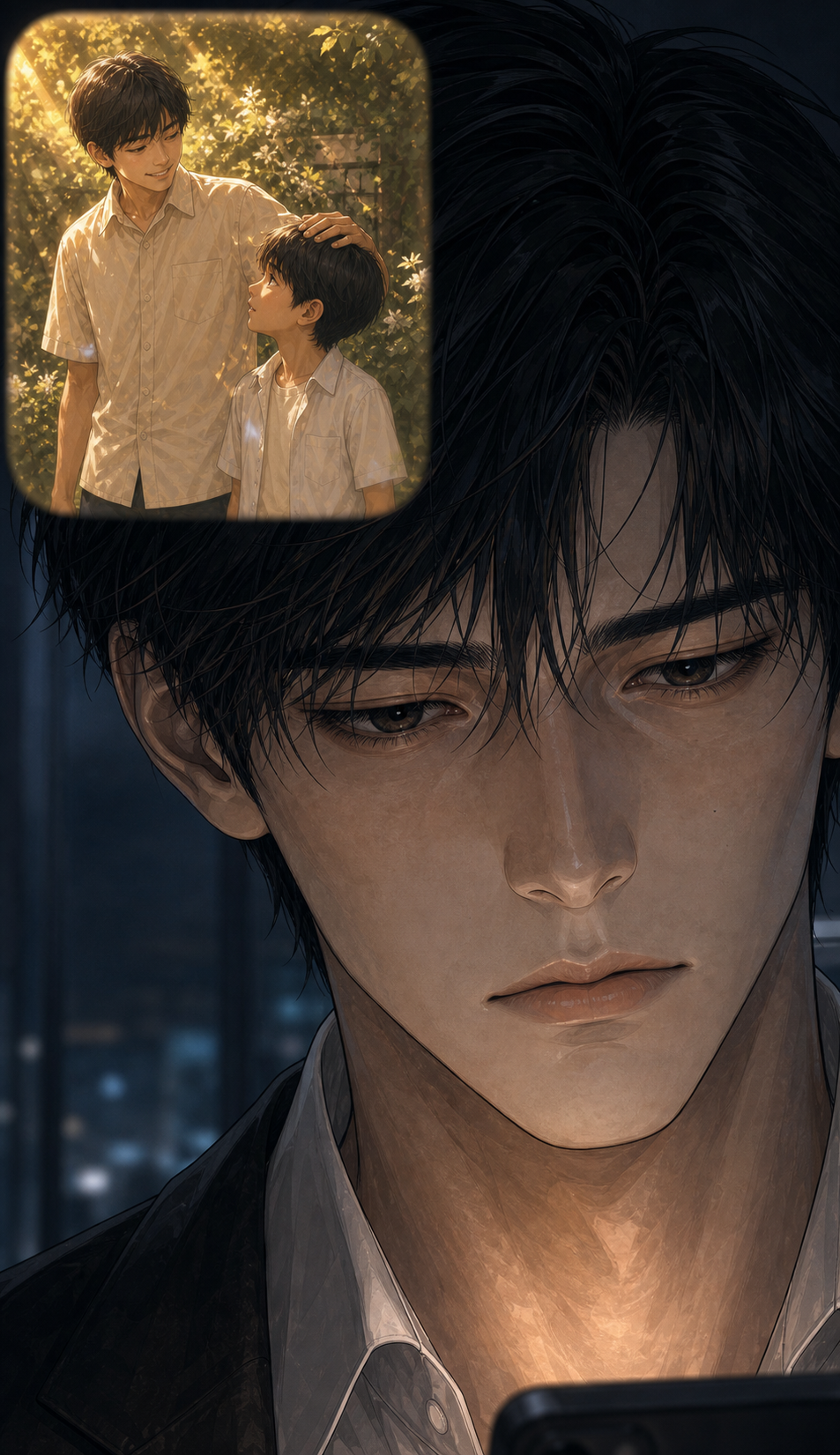 Flashback inset with rounded edges and oversaturated childhood gold showing young Tae-hyun around 13 smiling in summer sunlight, hand on young Min-woo&rsquo;s head in the Kang family garden; surrounding the inset, present Min-woo in tight close-up with no expression, only his eyes changing
