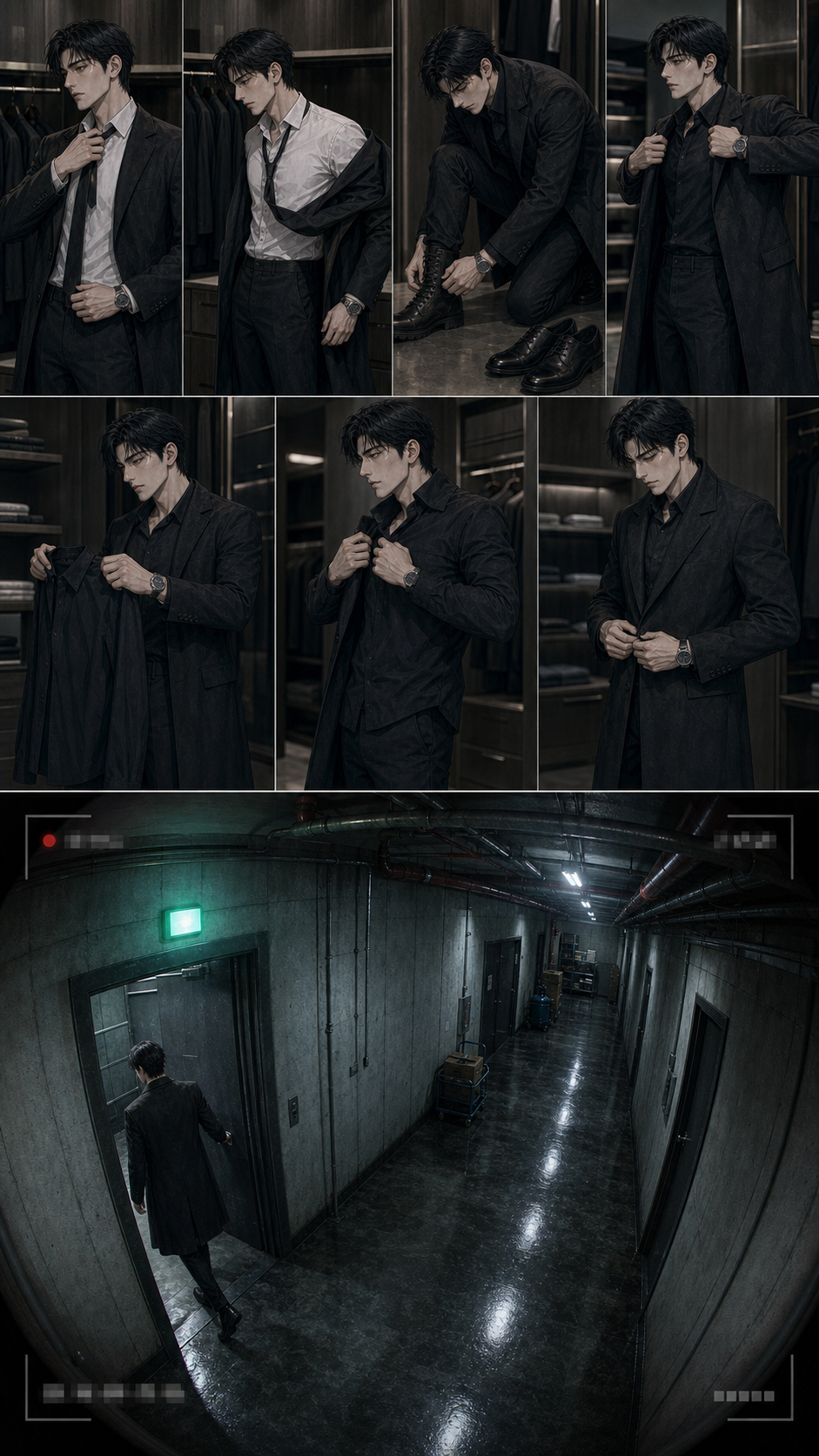 Min-woo at his closet, suit jacket off, collar loosened, polished oxfords swapped for dark utility boots, a darker shirt visible under his still-buttoned dark wool coat, watch still on; cut same composition to a security-camera frame showing him entering a restricted service door camera-left with emergency-exit green above