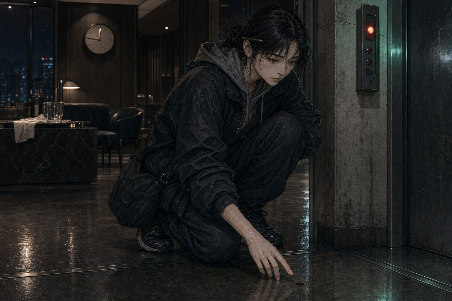 Seo-jin crouched in the corridor outside a private resident lounge after midnight, tray and cloth set aside, wall clock reading 12:47 behind her; foreground: service elevator indicator stuck on B4 and a single red blood drop near the seam where elevator doors meet the floor, faintly diluted by rainwater; her fingers hover near it without touching