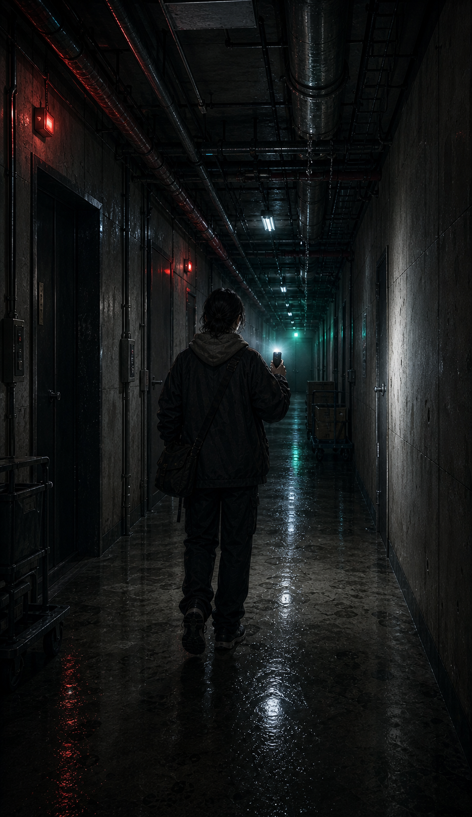 Long panel from behind Seo-jin walking down the restricted basement hallway with phone flashlight raised; pipes overhead vibrate; emergency red light flickers once