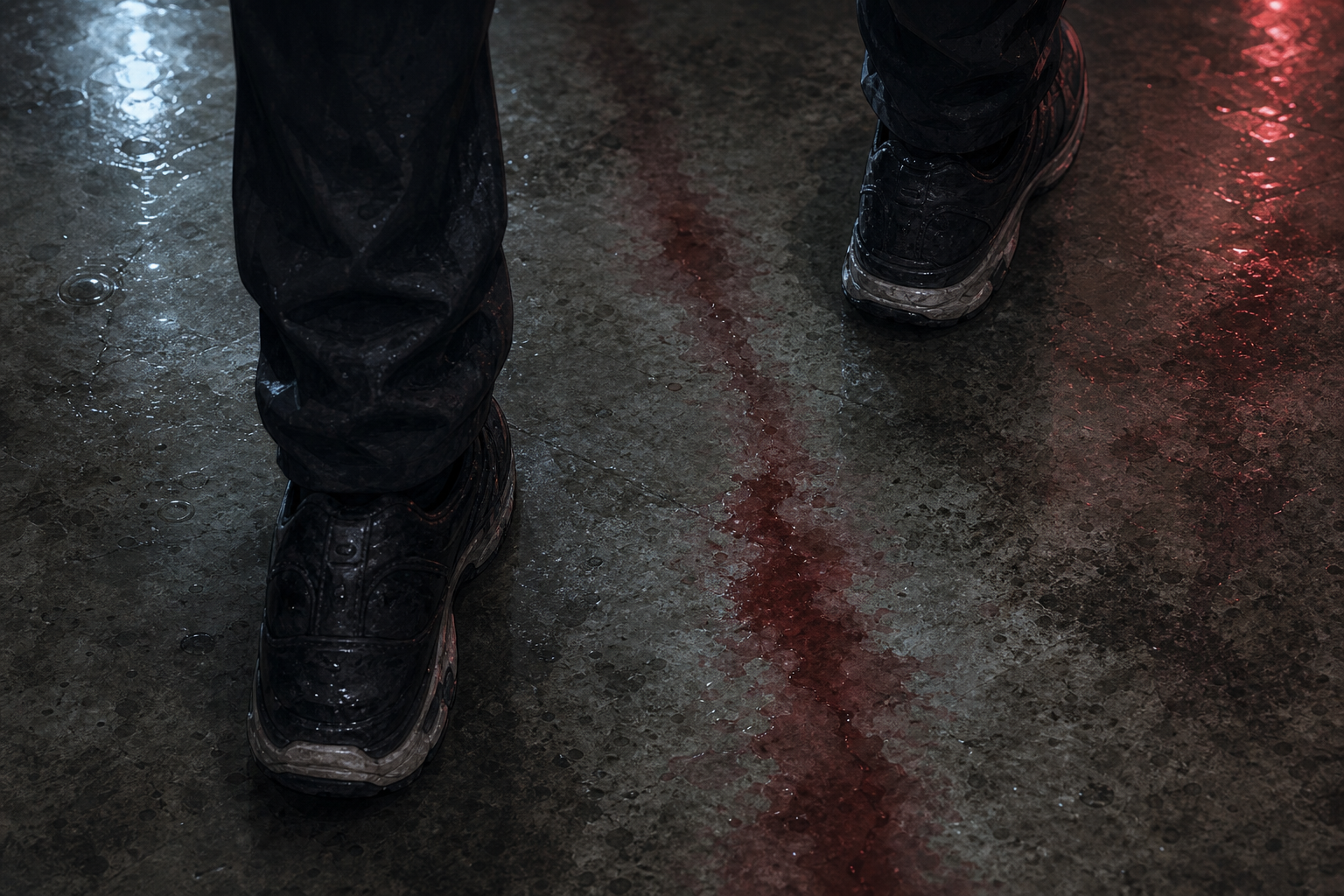 Close on Seo-jin&rsquo;s wet sneakers stepping carefully around blood diluted by rainwater; the diluted red trails forward