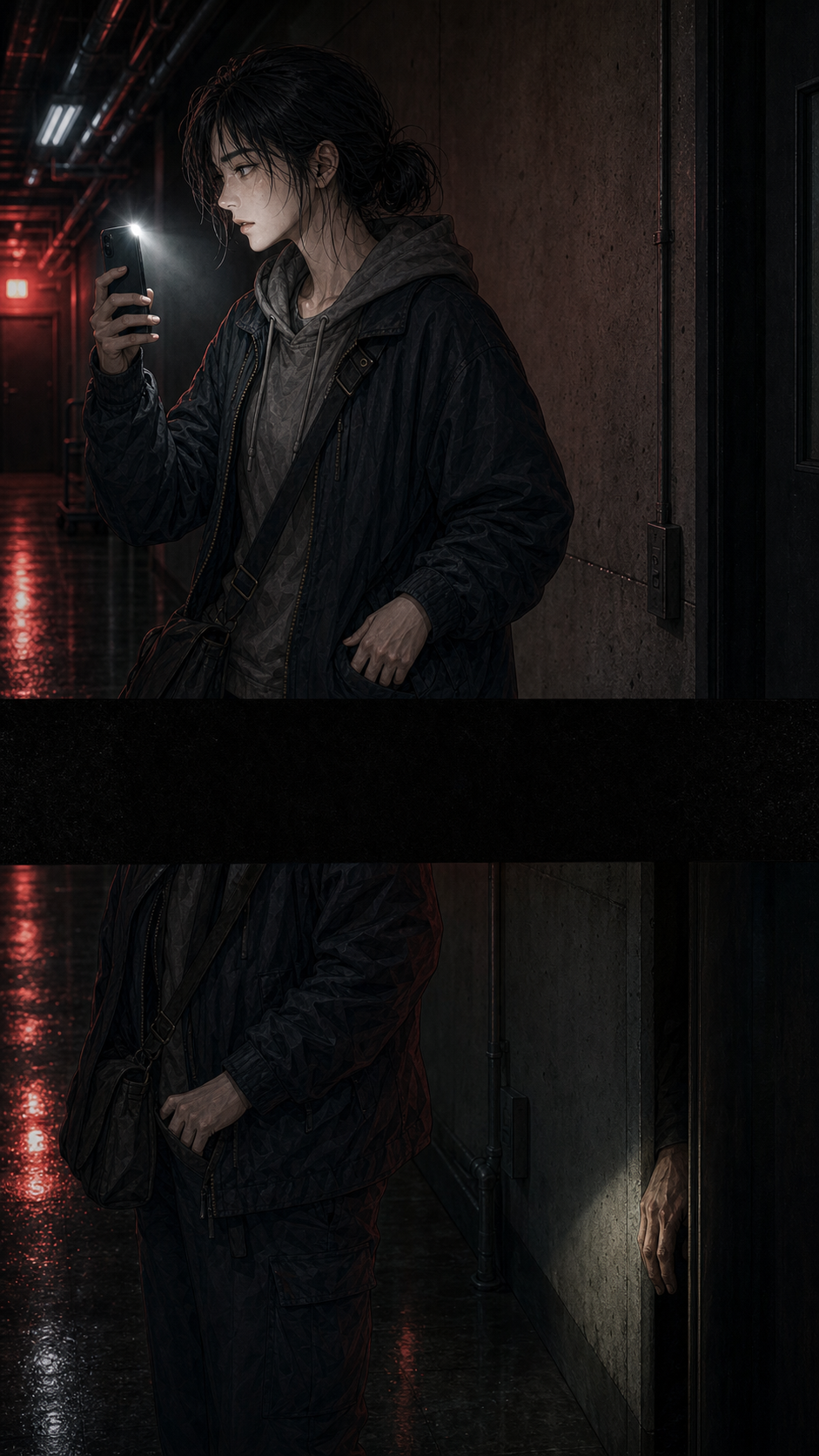 Seo-jin in profile with phone flashlight raised, calling out; a dark bar across the panel implies the hallway light dying; light returns to reveal a man&rsquo;s hand visible beside the service elevator alcove camera-right