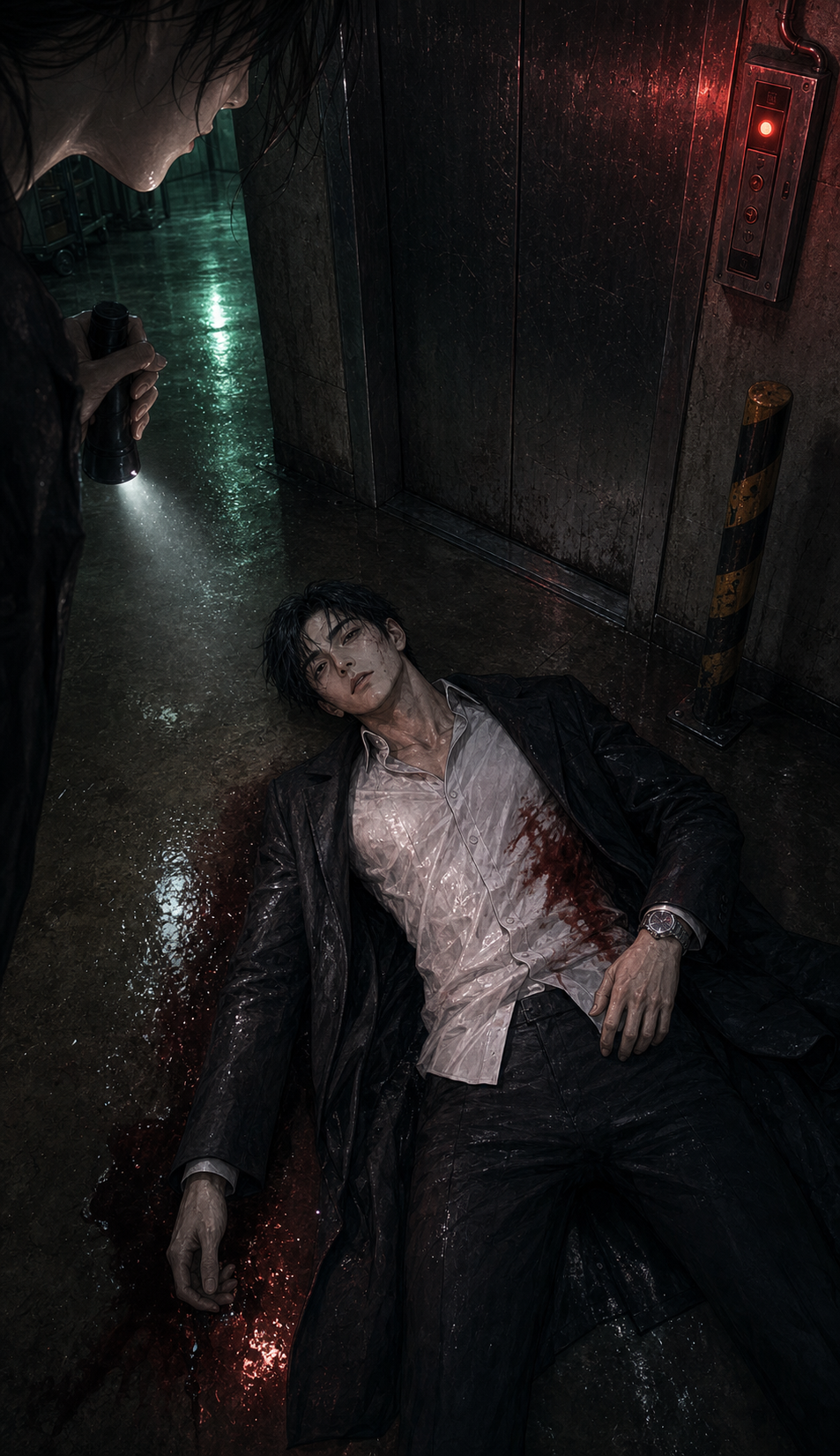 High-angle overhead reveal of Kang Min-woo collapsed on concrete beside the service elevator, soaked, bleeding from the right ribs, barely conscious; rainwater and blood mixing on the floor; his silver wristwatch catching the emergency light; in the upper edge of frame Seo-jin frozen, flashlight steady on him