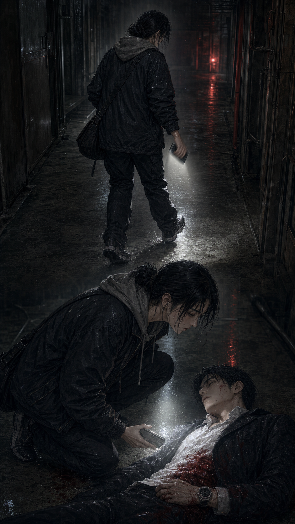 Seo-jin backing one step away, phone trembling; then despite herself leaning down toward Min-woo on the floor; the motion brings her within reach; her hood half-up