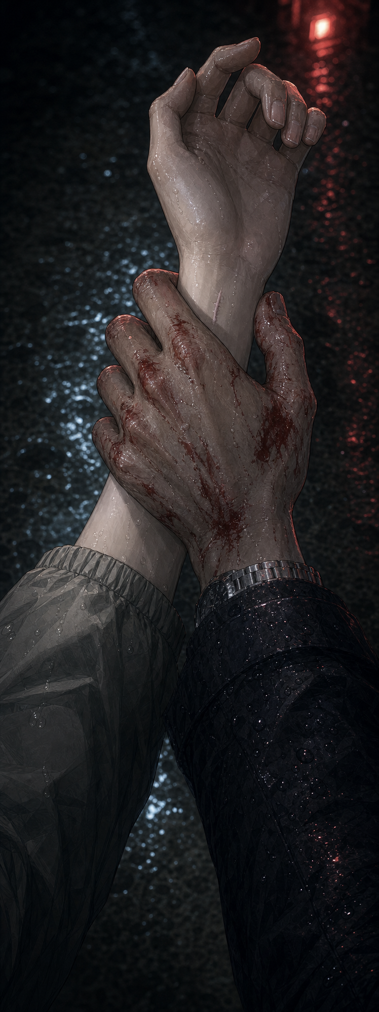 Macro on Min-woo&rsquo;s bloodied hand catching Seo-jin&rsquo;s left wrist; his fingers partly cover her small pale scar; rainwater and concrete texture below; shallow depth of field with the wrist sharp and the rest soft