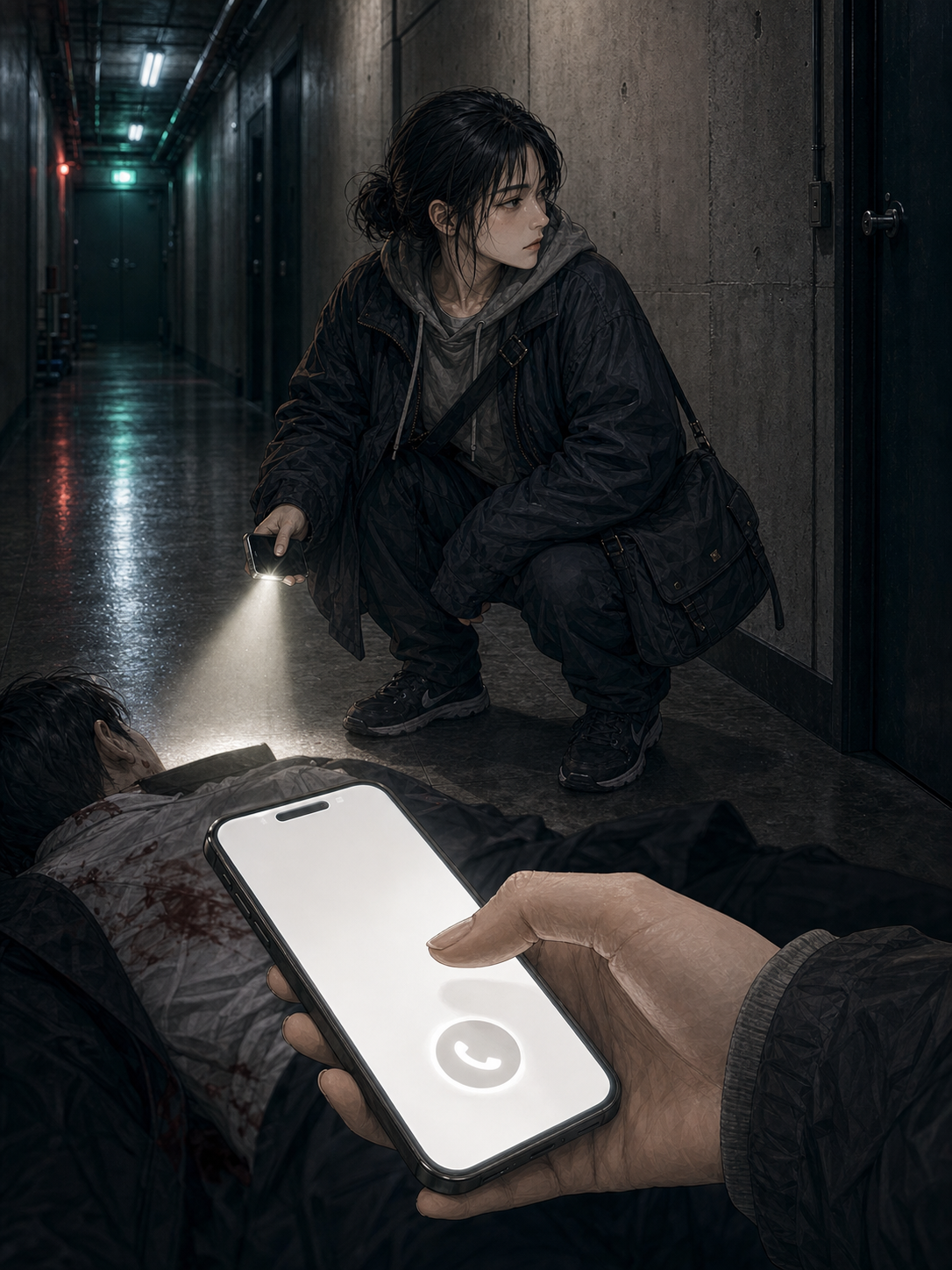 Footsteps echo from the far hallway; Seo-jin looks toward the sound then down at Min-woo; her phone in the foreground shows emergency call ready, her thumb hovering over the call button