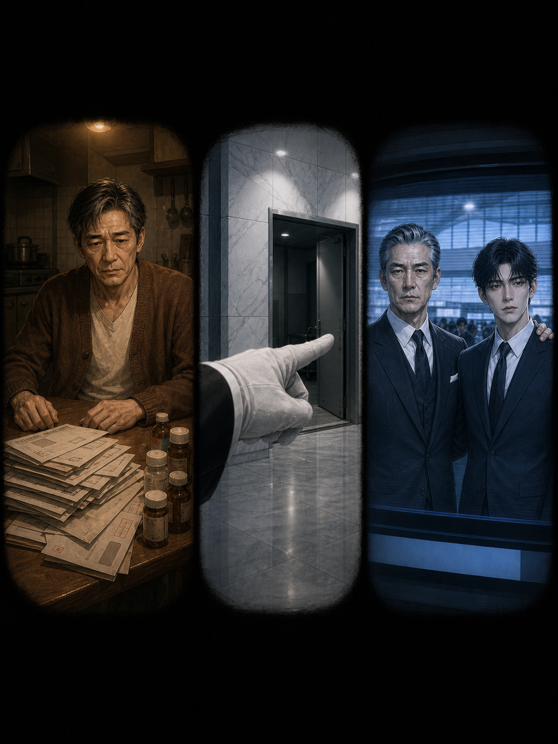 Triptych of memory inserts across the panel: left, father coughing beside unpaid bills in warm tungsten; center, resident&rsquo;s gloved hand pointing toward the service entrance dismissing Seo-jin without looking in cold lobby light; right, Chairman Kang on the lobby news screen beside Min-woo at the airport press scrum in TV-blue