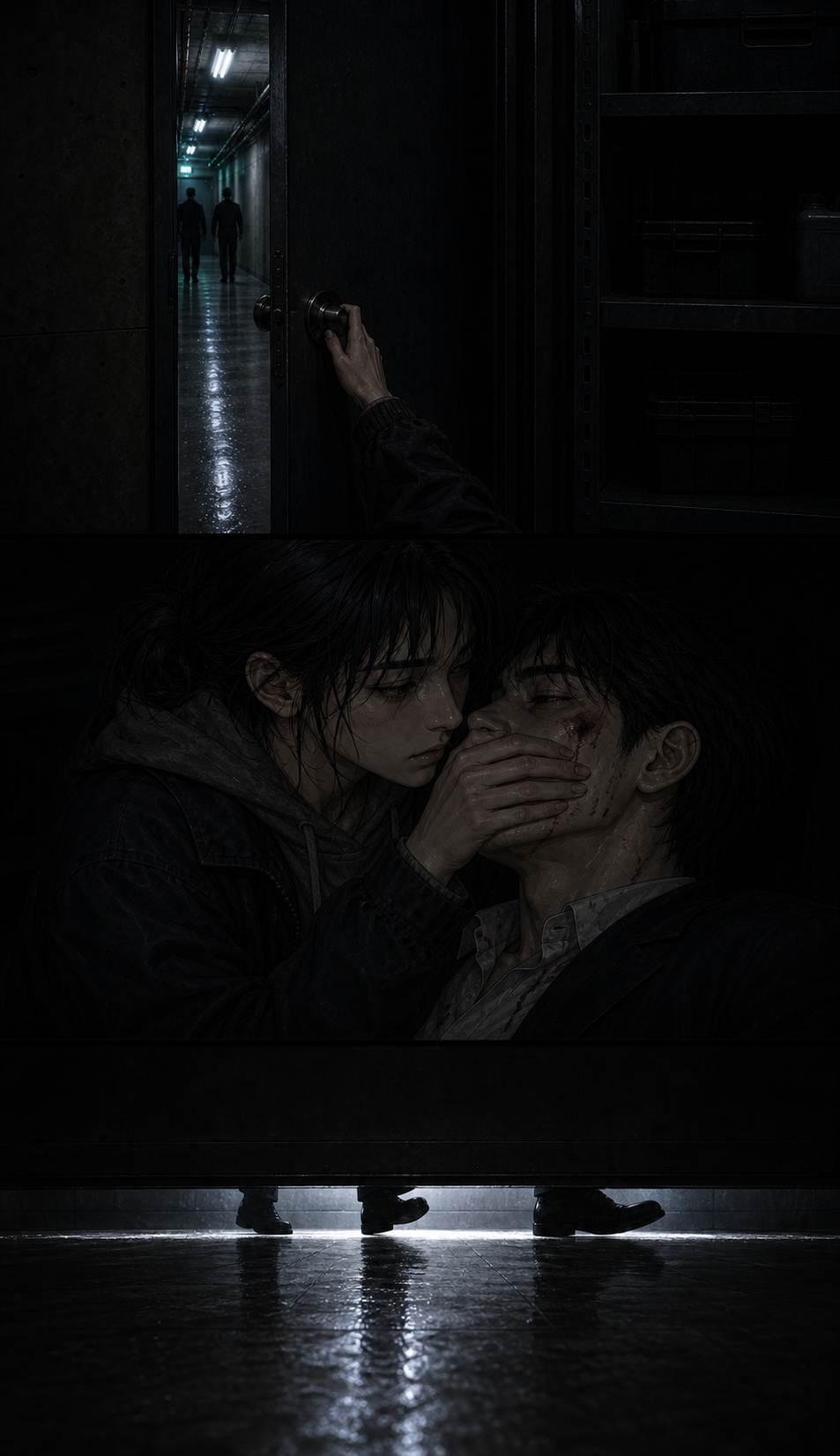 The storage room door shutting from the corridor side; inside near-total darkness, Seo-jin covering Min-woo&rsquo;s mouth gently to stop his pained breathing; through the thin door-gap light, security men&rsquo;s shoes pass outside