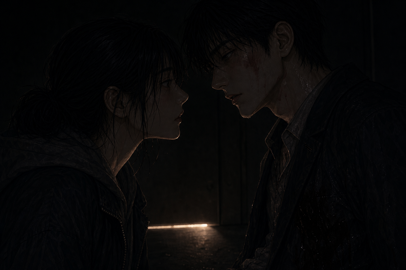 Tight close-up two-shot: Seo-jin and Min-woo staring at each other in almost complete darkness; her hand has come off his mouth; they are inches apart