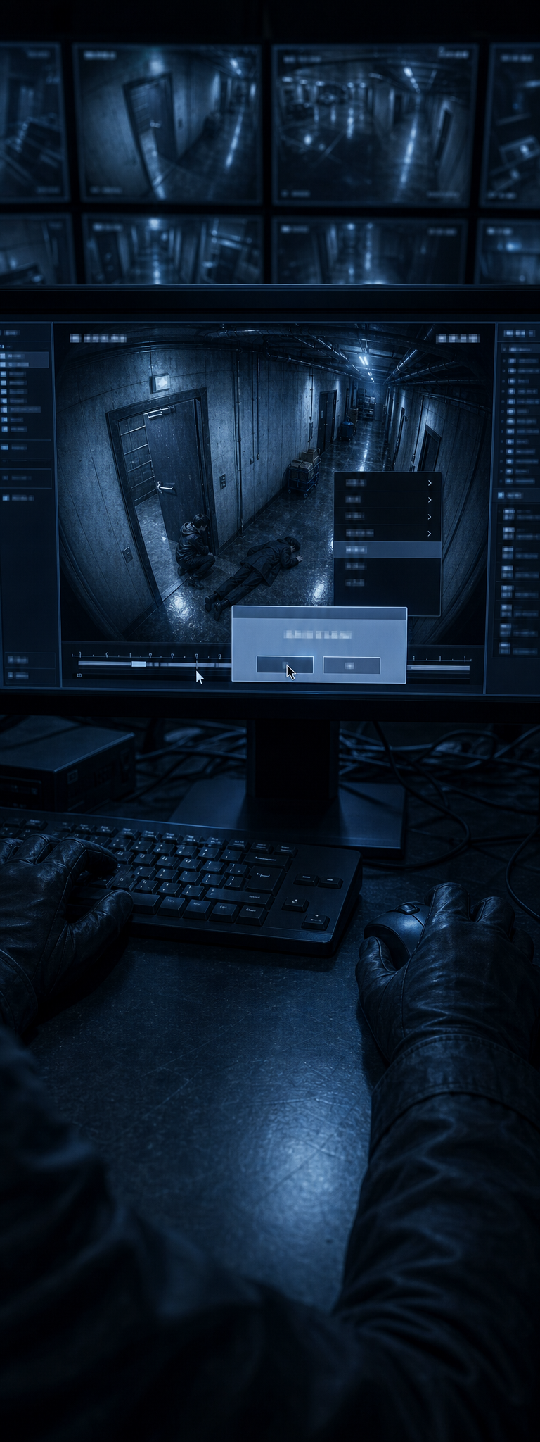 Security office in dark; bank of Moonlight Heights camera monitors; a black-gloved hand on a mouse moves the cursor through the footage timeline to the moment Seo-jin enters the corridor and finds Min-woo; a right-click menu appears over the file; a delete confirmation dialog reads ARE YOU SURE YOU WANT TO PERMANENTLY DELETE?; cursor over Yes