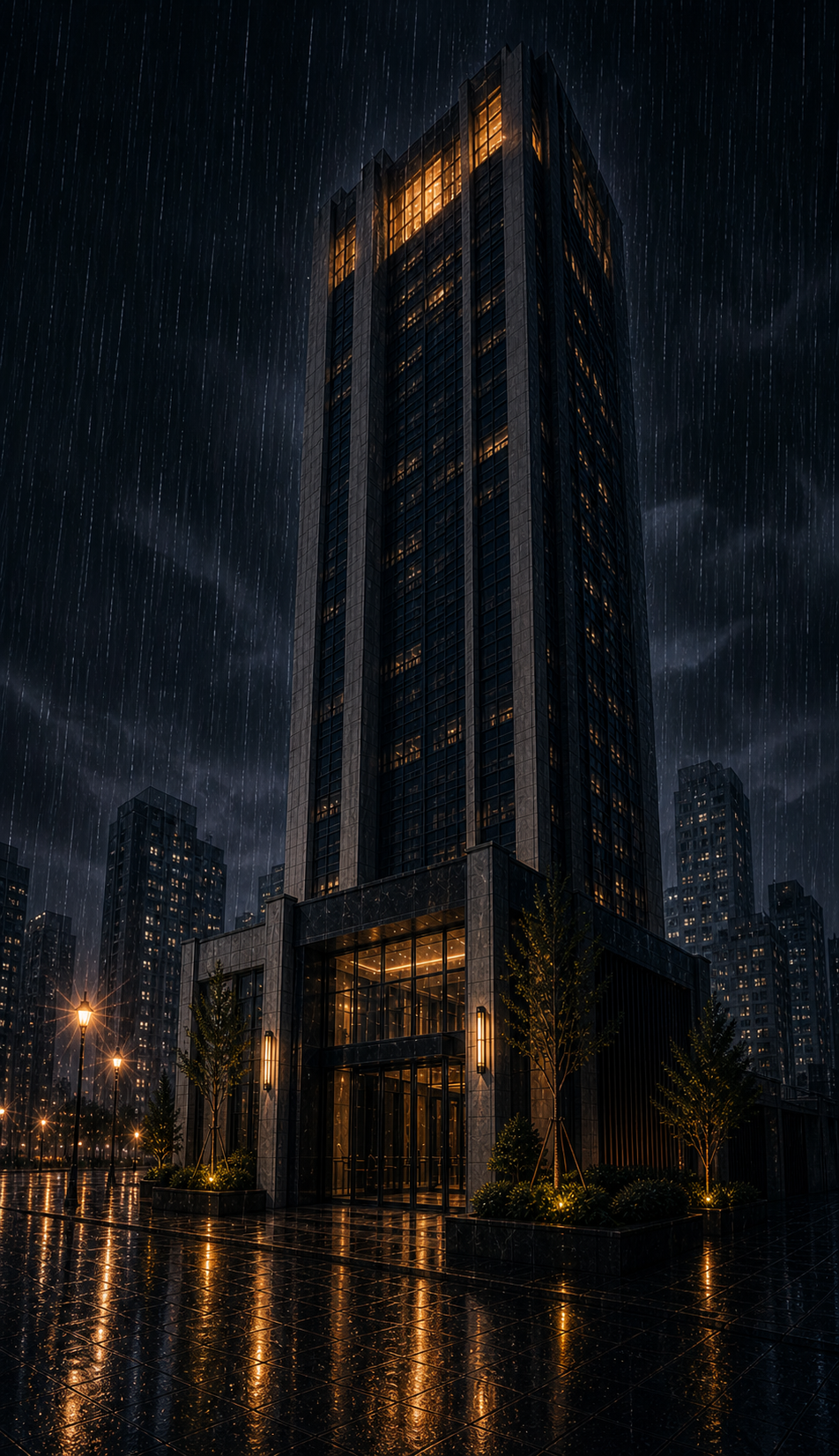 Final vertical panel: Moonlight Heights exterior in rain; upper floors glow warm above the dark basement, bookending the opening establishing shot