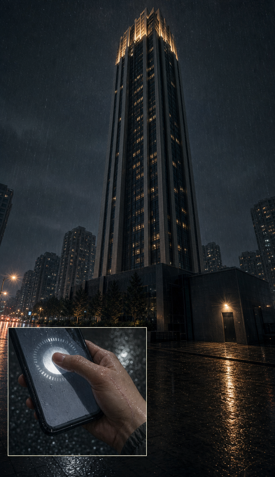 Moonlight Heights tower rising into a rainy Seoul night, top floors glowing warm, lower service level dark; corner inset of Seo-jin&rsquo;s wet thumb confirming a delivery order