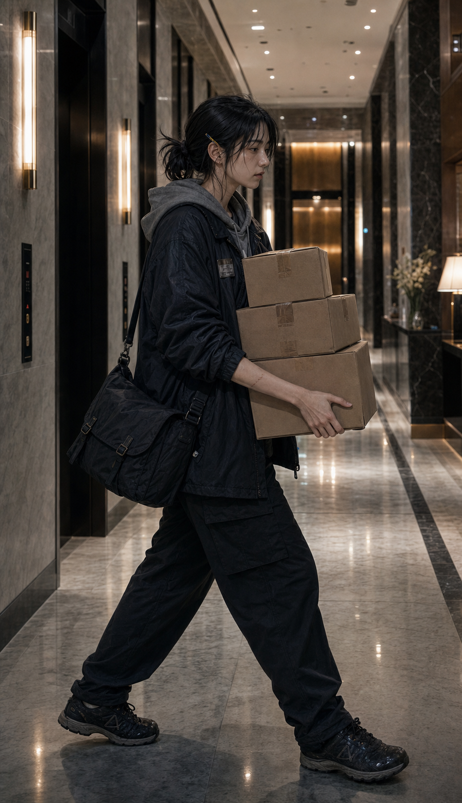 Seo-jin in mid-shot side-dolly composition walking screen-right through a luxury hallway wider than her rooftop room, stacked delivery boxes in her arms, polished marble floor, recessed cool lights with warm gold sconces in the distance