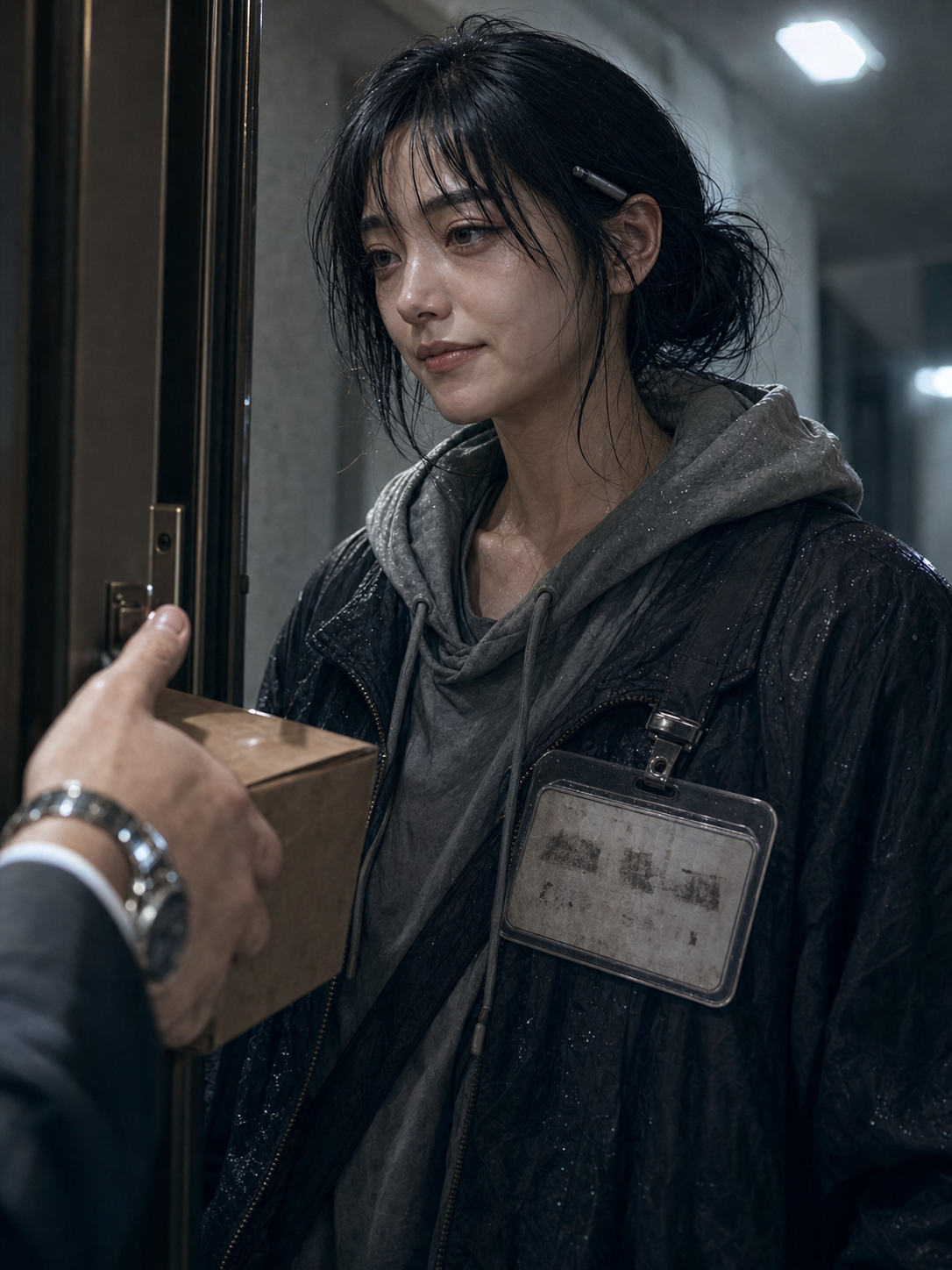 Close on Seo-jin, slight up-angle; a resident&rsquo;s hand at camera-left accepts a package without showing a face; Seo-jin smiles politely, eyes tired; the hand-corrected badge visible at her chest; the door edge closes camera-left and the polite smile drops instantly