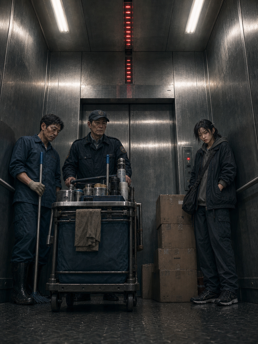 Wide low-angle interior of a service elevator; a cleaner, a guard, a food cart, and Seo-jin squeezed into the corner with boxes; the indicator panel above the doors shows numbers climbing B3 &middot; B2 &middot; B1 &middot; 1 &middot; 17 &middot; 36 &middot; 58; the workers do not speak
