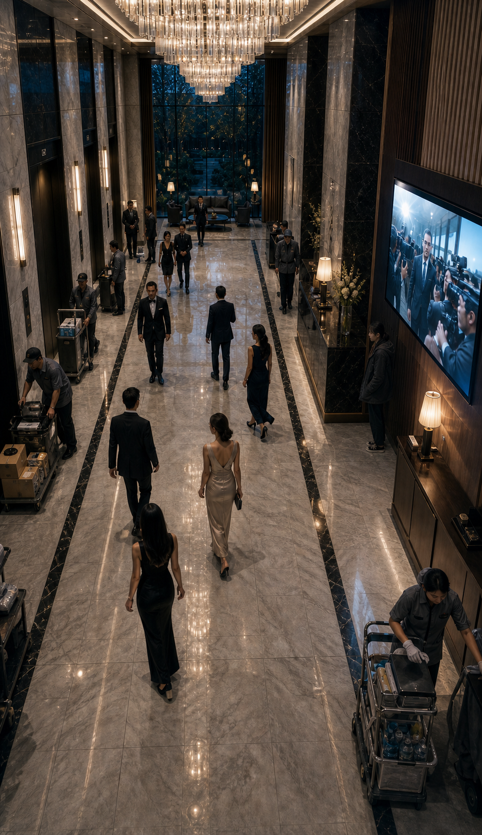 Wide high-angle shot of the main lobby; residents cross the marble floors while workers stay along the edges; a wall-mounted news monitor camera-right shows airport footage of Min-woo arriving, but no one in the lobby looks up