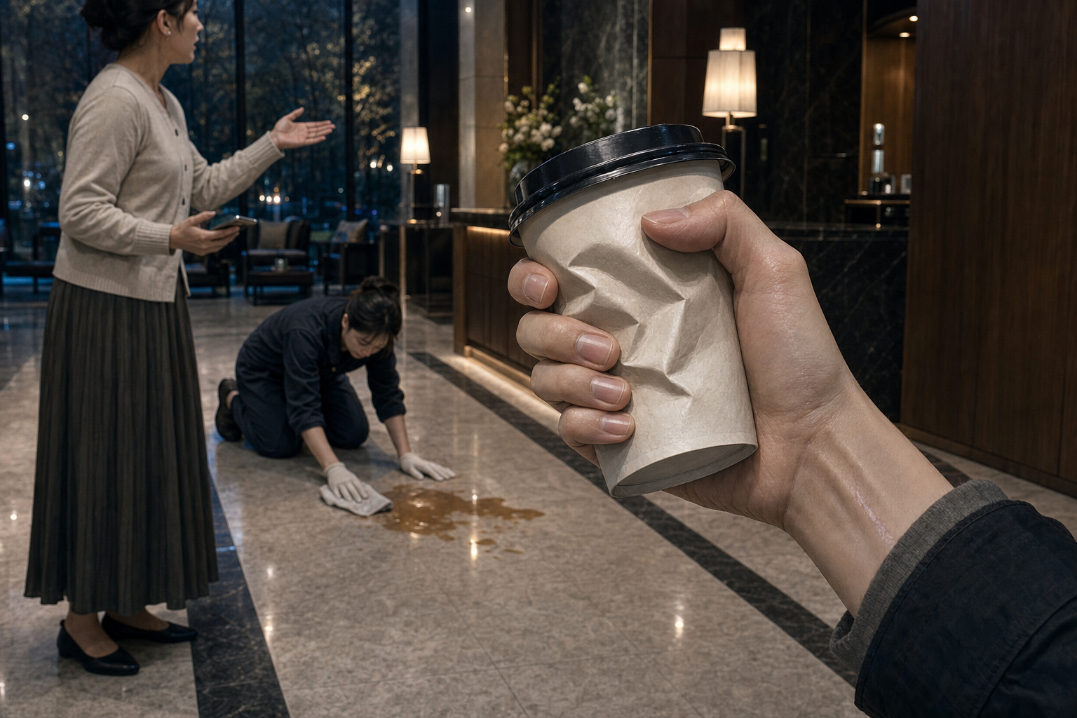 Resident at lobby counter gesturing with phone while a cleaner kneels with a rag over a coffee spill; foreground macro of Seo-jin&rsquo;s hand gripping a paper coffee cup until it dents, her wrist scar visible