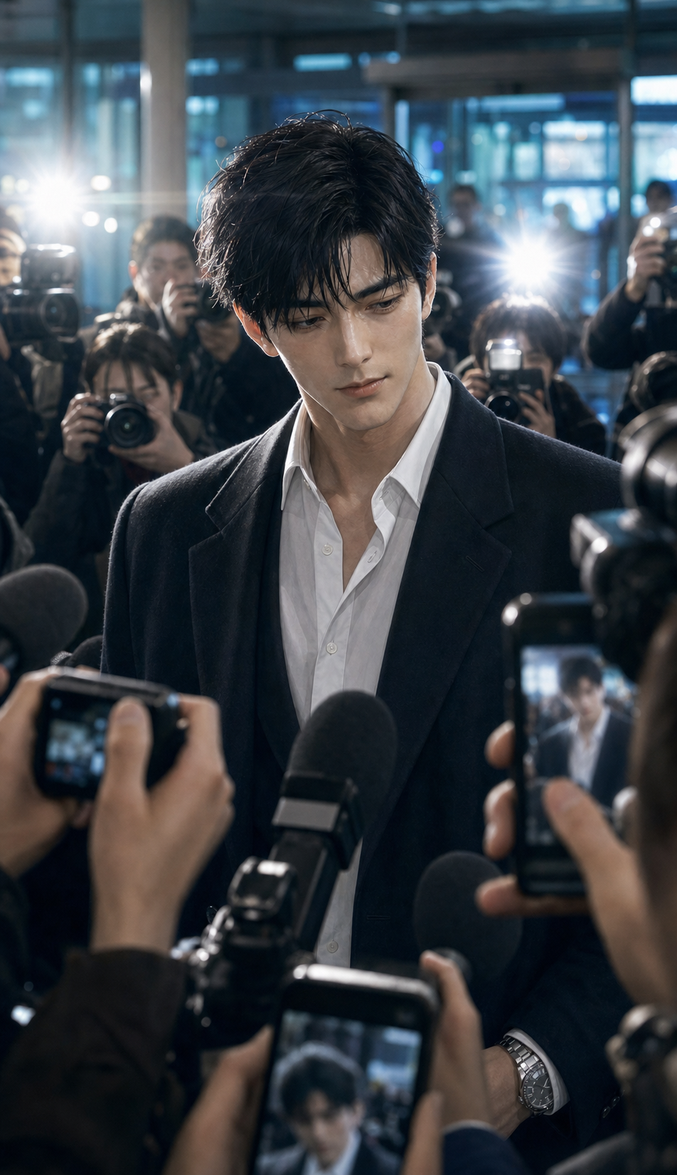 Airport flashbulbs exploding around Kang Min-woo; reporters call his name; he lowers his gaze behind a prepared smile