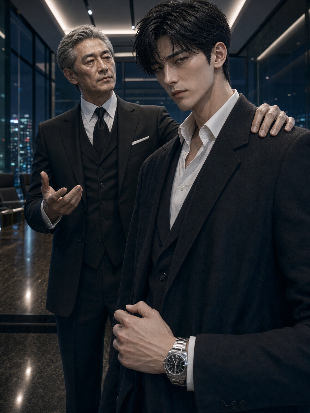 Chairman Kang&rsquo;s hand lands possessively on Min-woo&rsquo;s shoulder at the airport; Min-woo&rsquo;s own hand tightens beside his coat, the silver wristwatch catching boardroom downlight