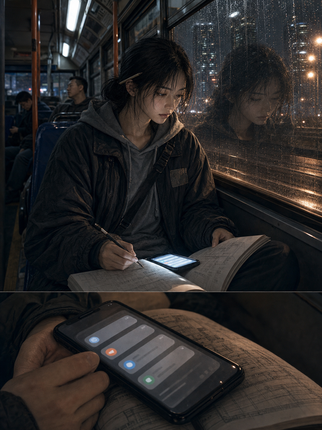 Seo-jin on the last bus, architecture textbook on her knees, rain on the windows; her phone stacks notifications in her lap; her face in profile reflected against luxury towers outside, doubled by the city