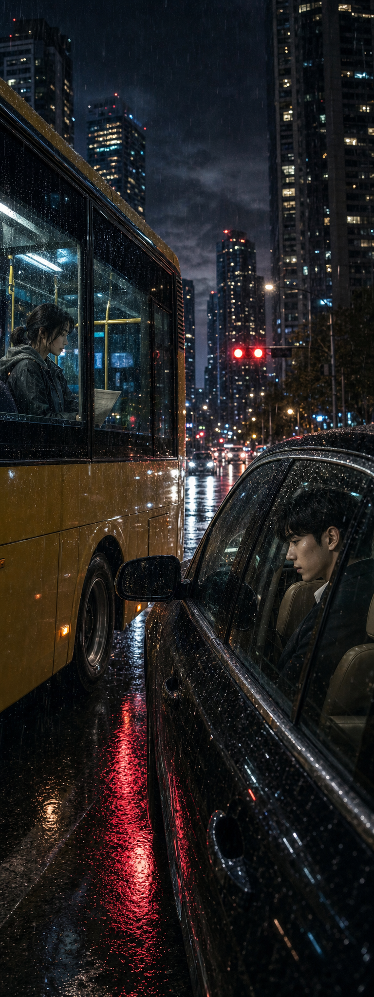 Wide three-quarter view of a rain-slick Seoul intersection; camera-left Seo-jin&rsquo;s city bus at a red light; camera-right Min-woo&rsquo;s black sedan in the adjacent lane; the same skyline reflected across both; rain in the foreground; a red traffic light reflected in the puddle; neither knows the other is there