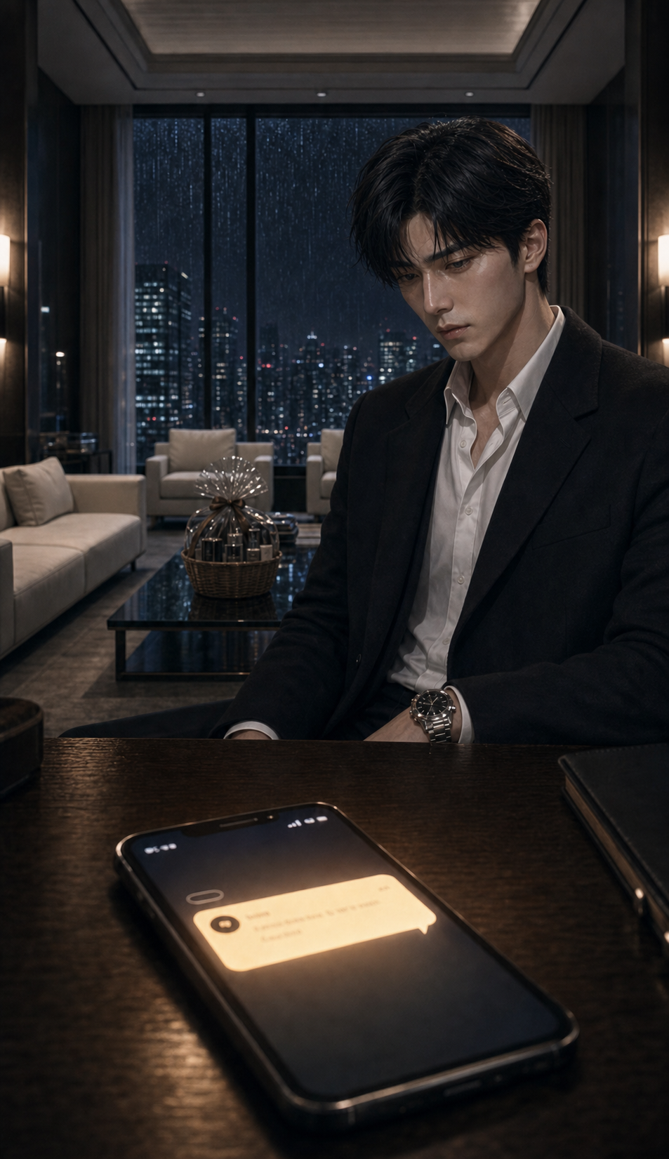 Min-woo at the desk of his pristine unused penthouse suite; an unopened welcome basket on the glass table behind him; rainy Seoul beyond floor-to-ceiling windows; foreground macro of a small hidden phone just powered on, lock screen lighting up with an old message from Tae-hyun