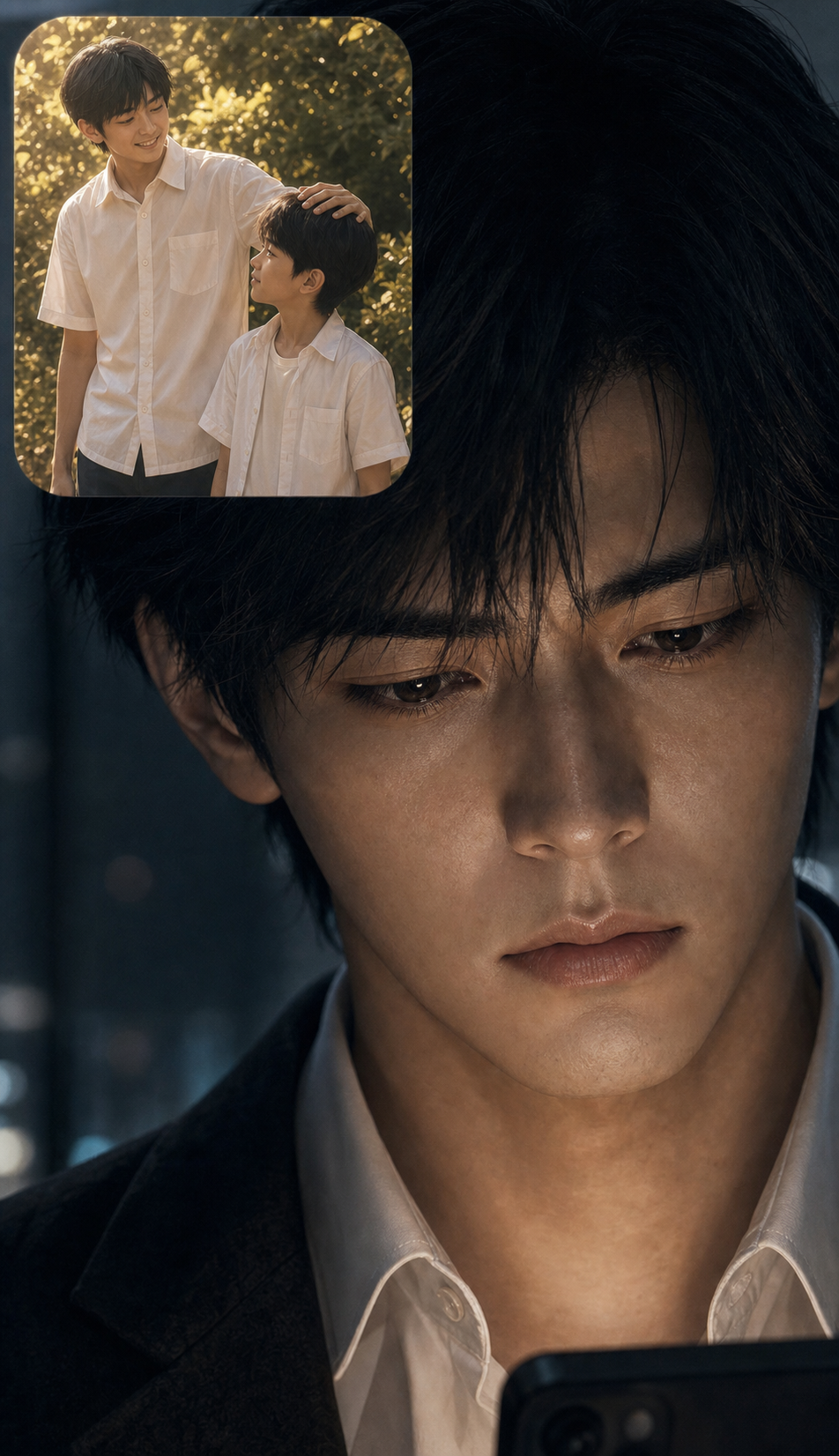 Flashback inset with rounded edges and oversaturated childhood gold showing young Tae-hyun around 13 smiling in summer sunlight, hand on young Min-woo&rsquo;s head in the Kang family garden; surrounding the inset, present Min-woo in tight close-up with no expression, only his eyes changing