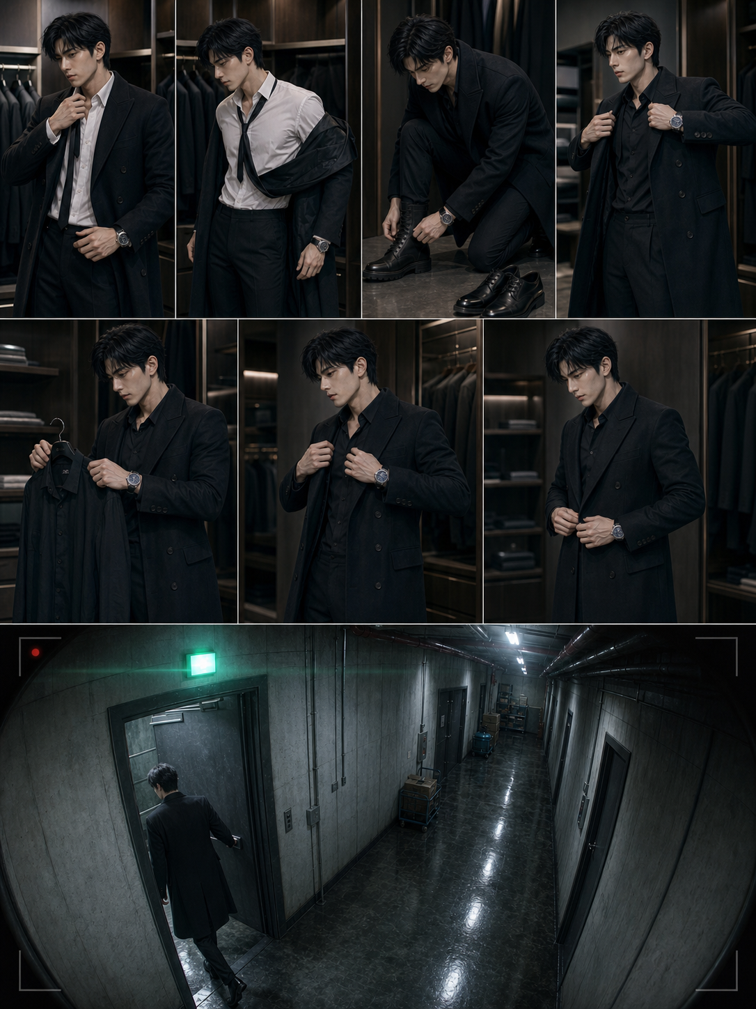 Min-woo at his closet, suit jacket off, collar loosened, polished oxfords swapped for dark utility boots, a darker shirt visible under his still-buttoned dark wool coat, watch still on; cut same composition to a security-camera frame showing him entering a restricted service door camera-left with emergency-exit green above
