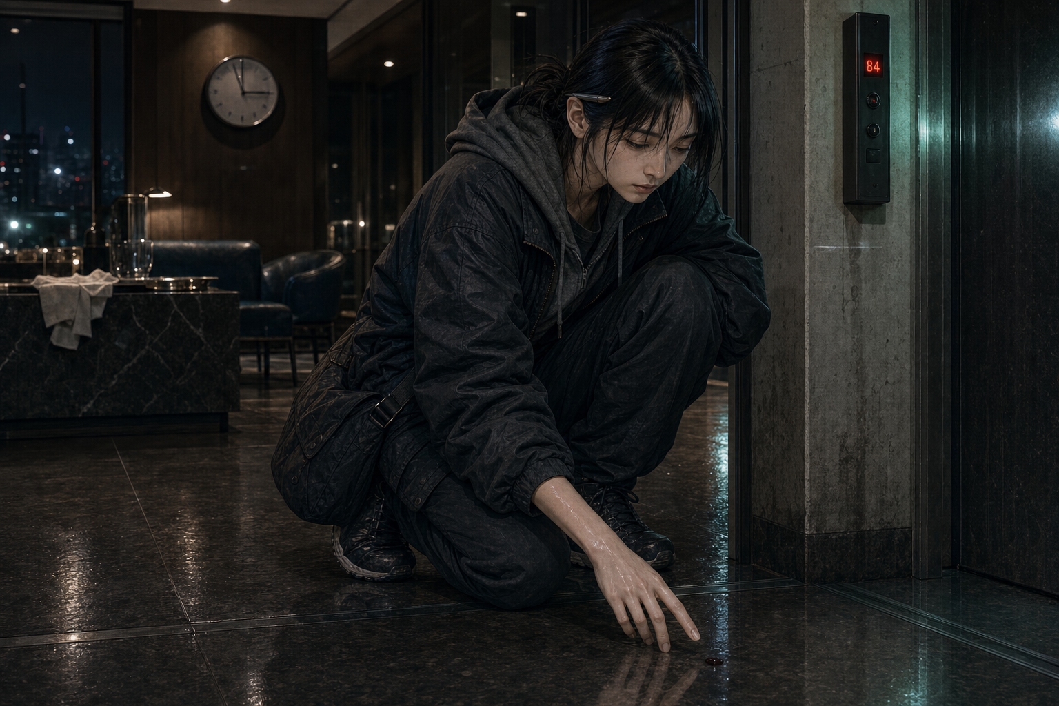 Seo-jin crouched in the corridor outside a private resident lounge after midnight, tray and cloth set aside, wall clock reading 12:47 behind her; foreground: service elevator indicator stuck on B4 and a single red blood drop near the seam where elevator doors meet the floor, faintly diluted by rainwater; her fingers hover near it without touching
