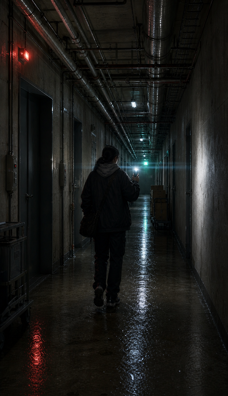 Long panel from behind Seo-jin walking down the restricted basement hallway with phone flashlight raised; pipes overhead vibrate; emergency red light flickers once