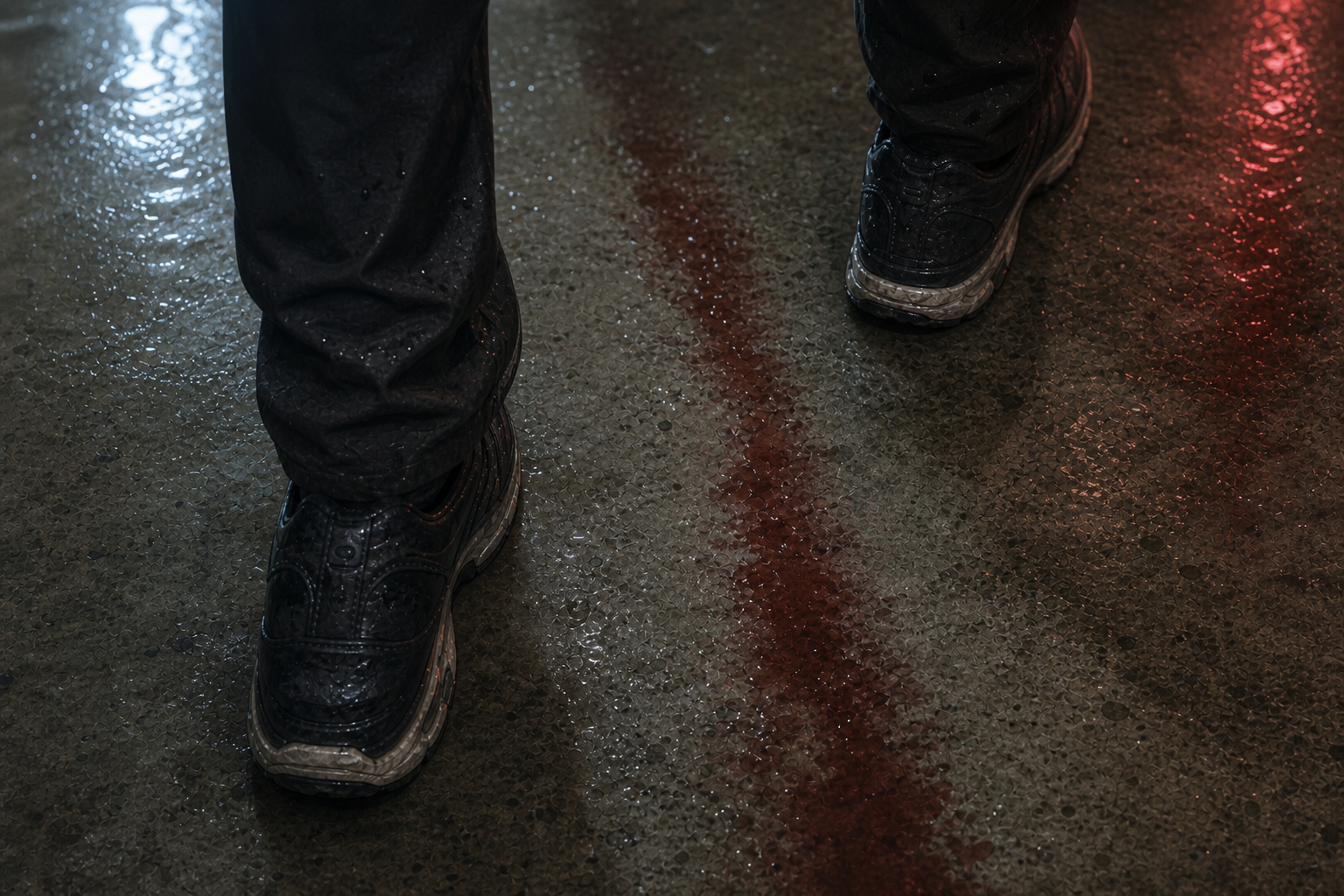 Close on Seo-jin&rsquo;s wet sneakers stepping carefully around blood diluted by rainwater; the diluted red trails forward