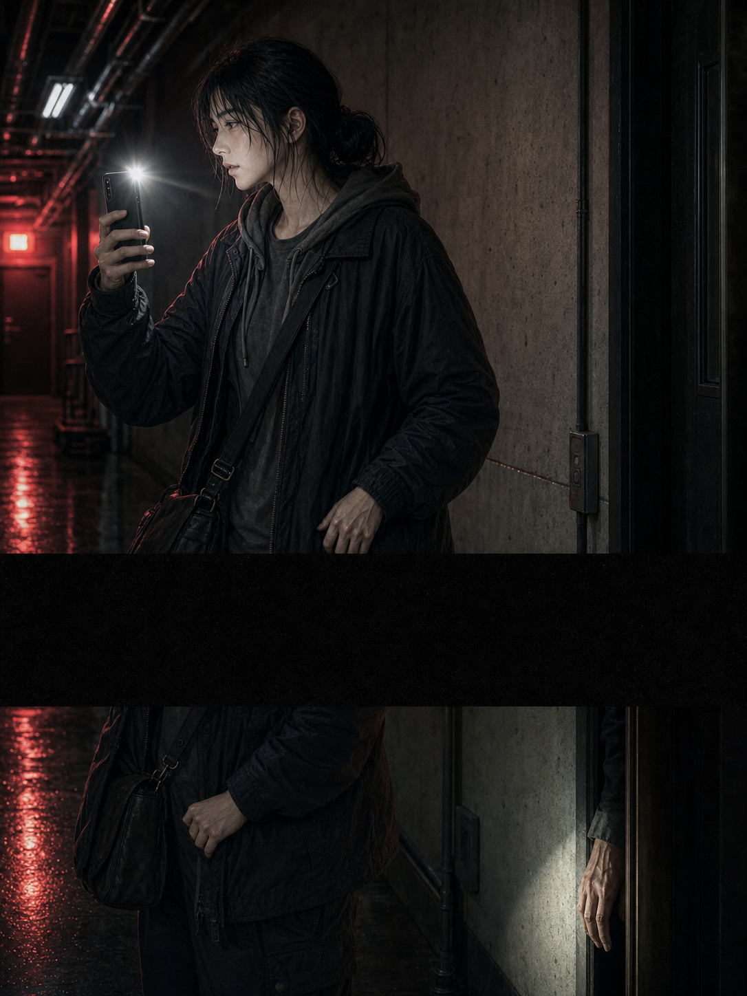 Seo-jin in profile with phone flashlight raised, calling out; a dark bar across the panel implies the hallway light dying; light returns to reveal a man&rsquo;s hand visible beside the service elevator alcove camera-right