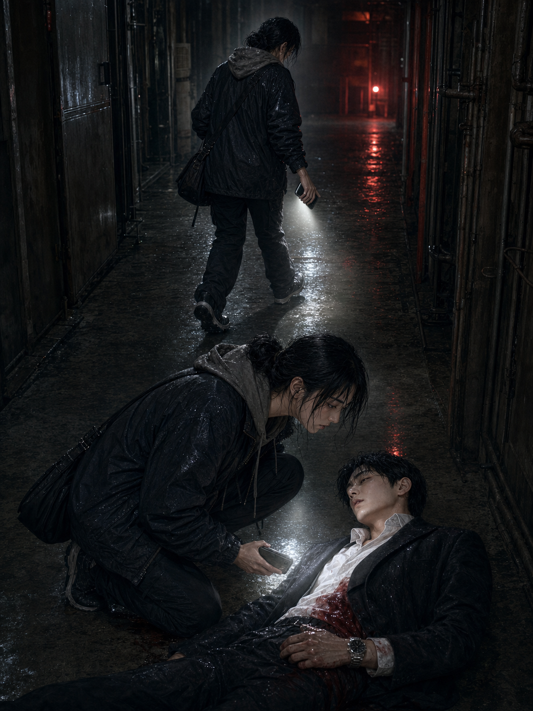 Seo-jin backing one step away, phone trembling; then despite herself leaning down toward Min-woo on the floor; the motion brings her within reach; her hood half-up