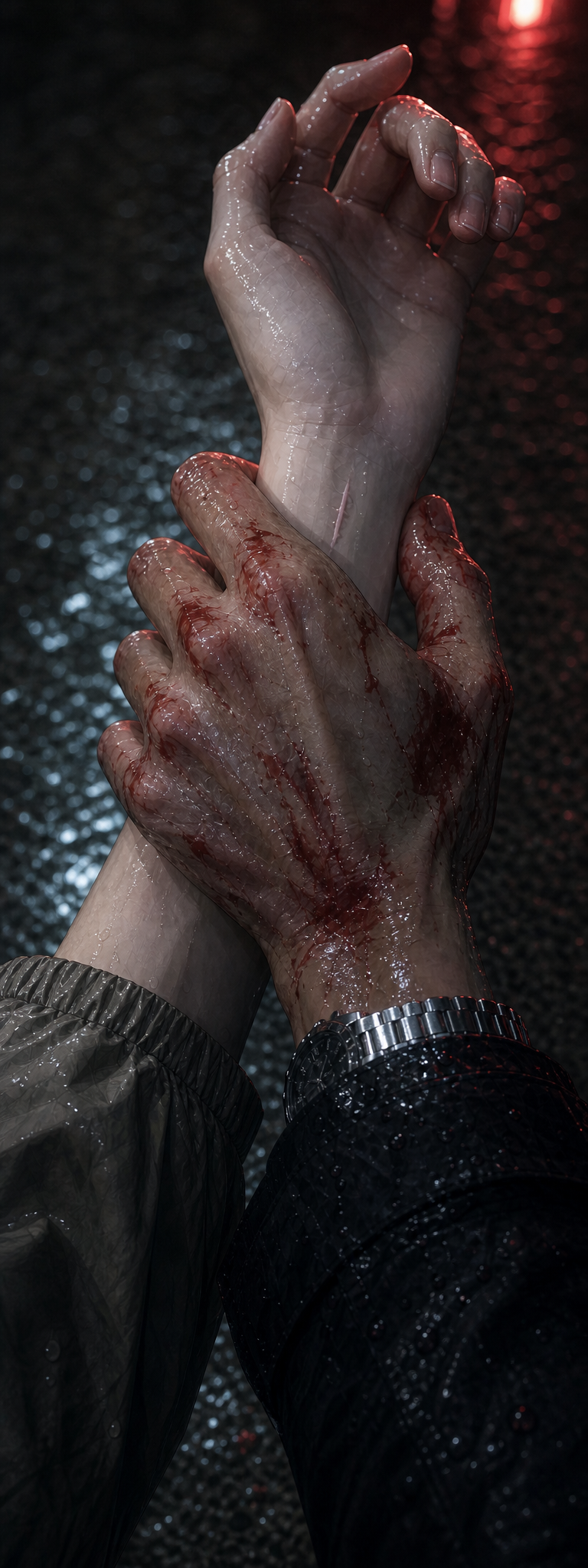Macro on Min-woo&rsquo;s bloodied hand catching Seo-jin&rsquo;s left wrist; his fingers partly cover her small pale scar; rainwater and concrete texture below; shallow depth of field with the wrist sharp and the rest soft