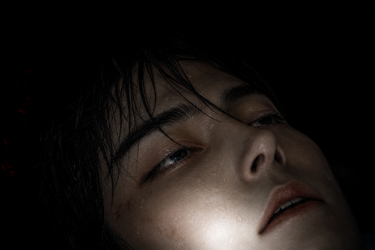 Extreme close-up on Min-woo&rsquo;s eyes opening, bottom-lit by Seo-jin&rsquo;s phone flashlight; his lips parting to whisper the warning
