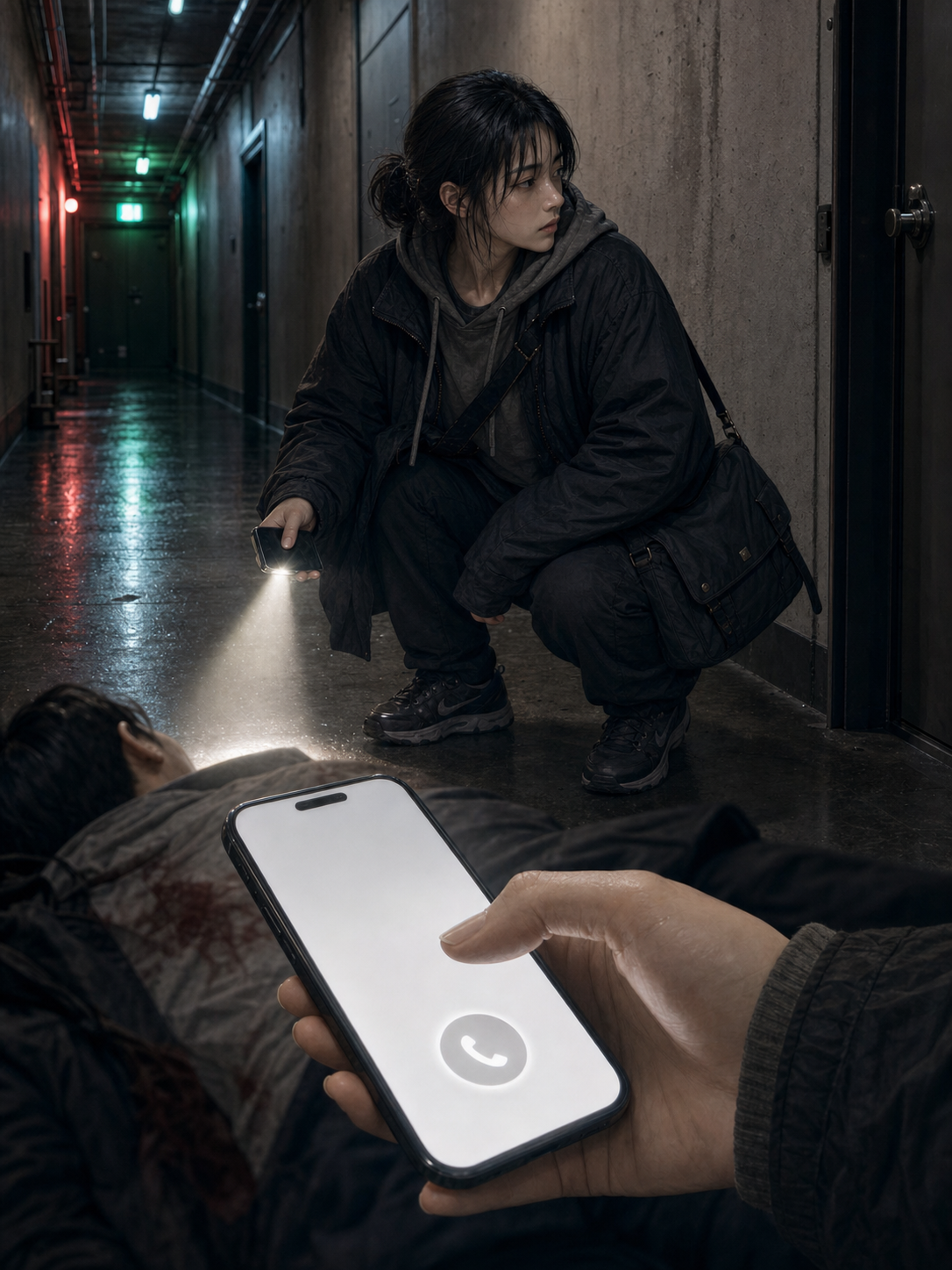 Footsteps echo from the far hallway; Seo-jin looks toward the sound then down at Min-woo; her phone in the foreground shows emergency call ready, her thumb hovering over the call button