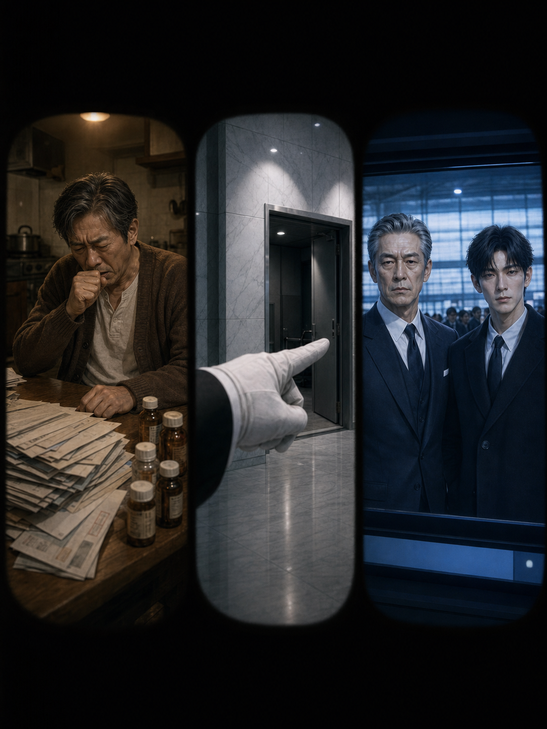 Triptych of memory inserts across the panel: left, father coughing beside unpaid bills in warm tungsten; center, resident&rsquo;s gloved hand pointing toward the service entrance dismissing Seo-jin without looking in cold lobby light; right, Chairman Kang on the lobby news screen beside Min-woo at the airport press scrum in TV-blue