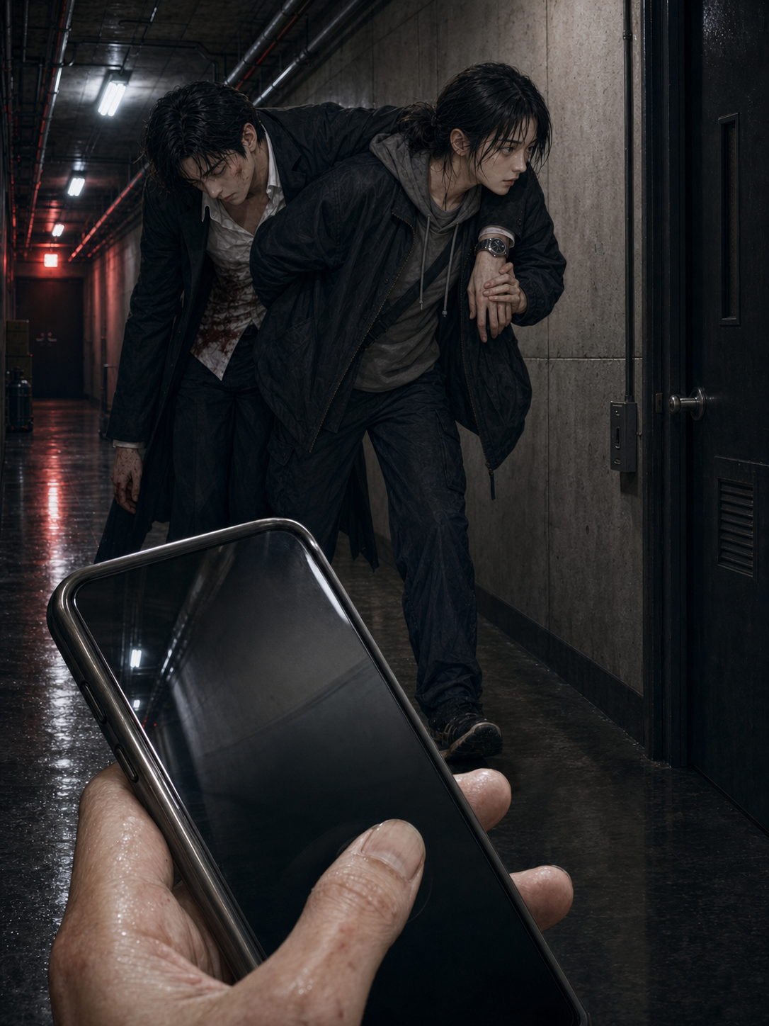 Foreground macro of Seo-jin&rsquo;s thumb sliding off the call button, the call canceled; mid-shot in the same beat of her hooking Min-woo&rsquo;s arm over her shoulder and dragging him toward a storage room screen-right
