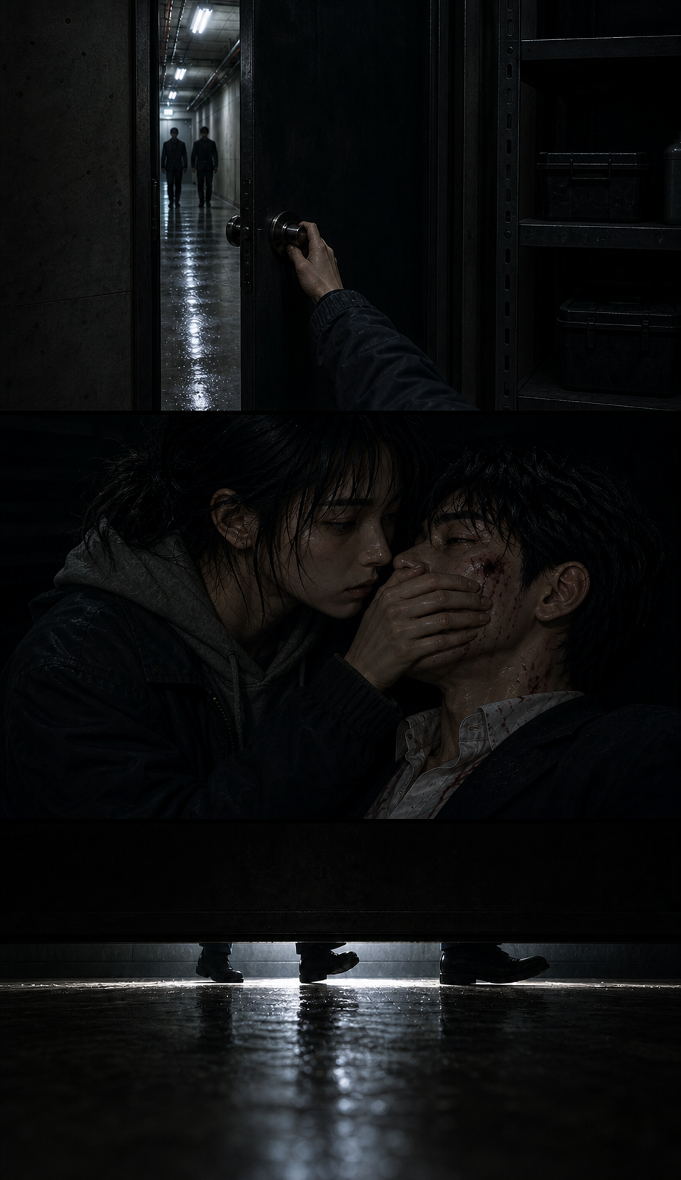 The storage room door shutting from the corridor side; inside near-total darkness, Seo-jin covering Min-woo&rsquo;s mouth gently to stop his pained breathing; through the thin door-gap light, security men&rsquo;s shoes pass outside